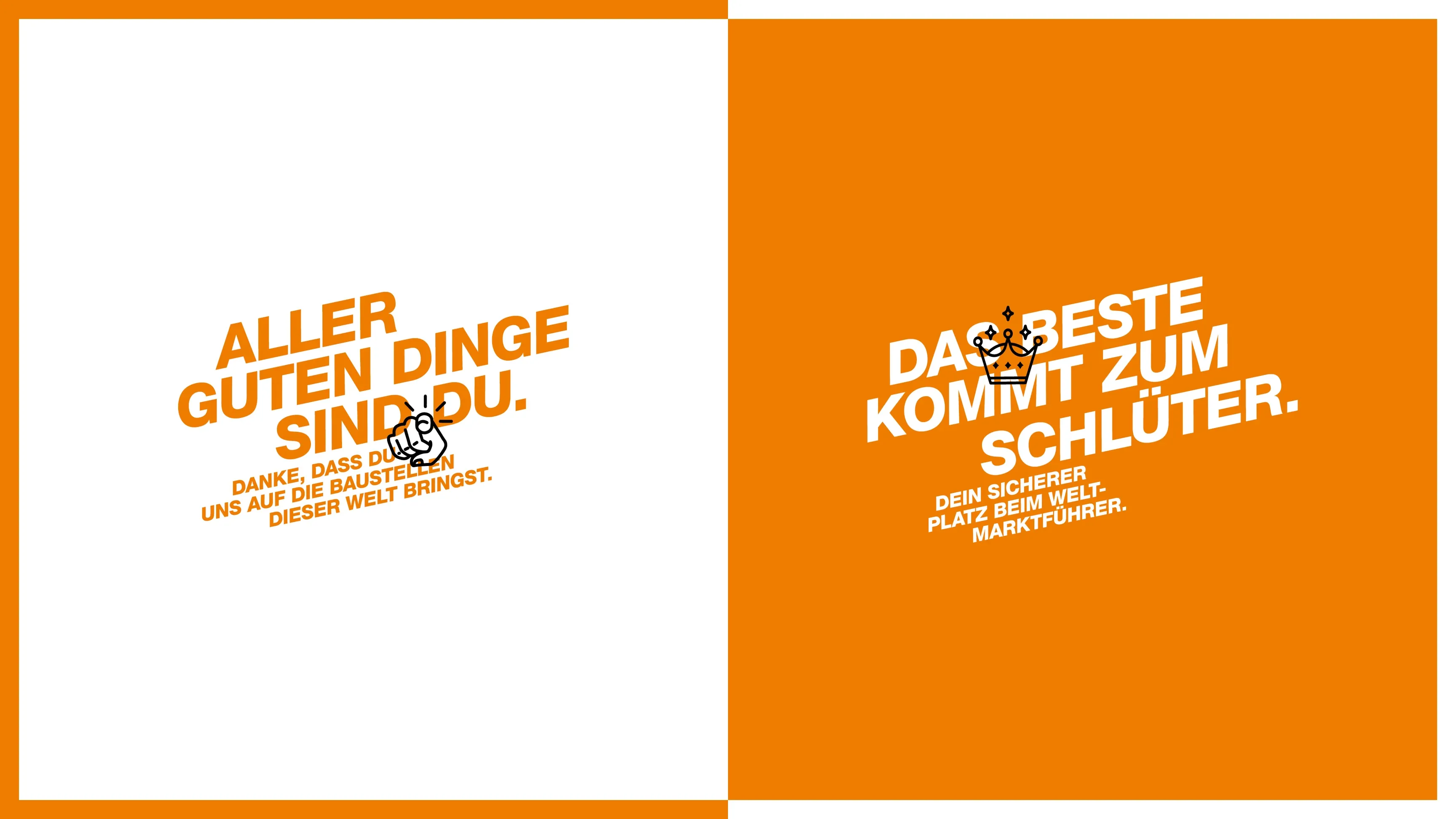 Zweiteiliges Orange‑Weiß‑Bild mit den Slogans „ALLER GUTEN DINGE SIND DU“ und „DAS BESTE KOMMT ZUM SCHLÜTER“