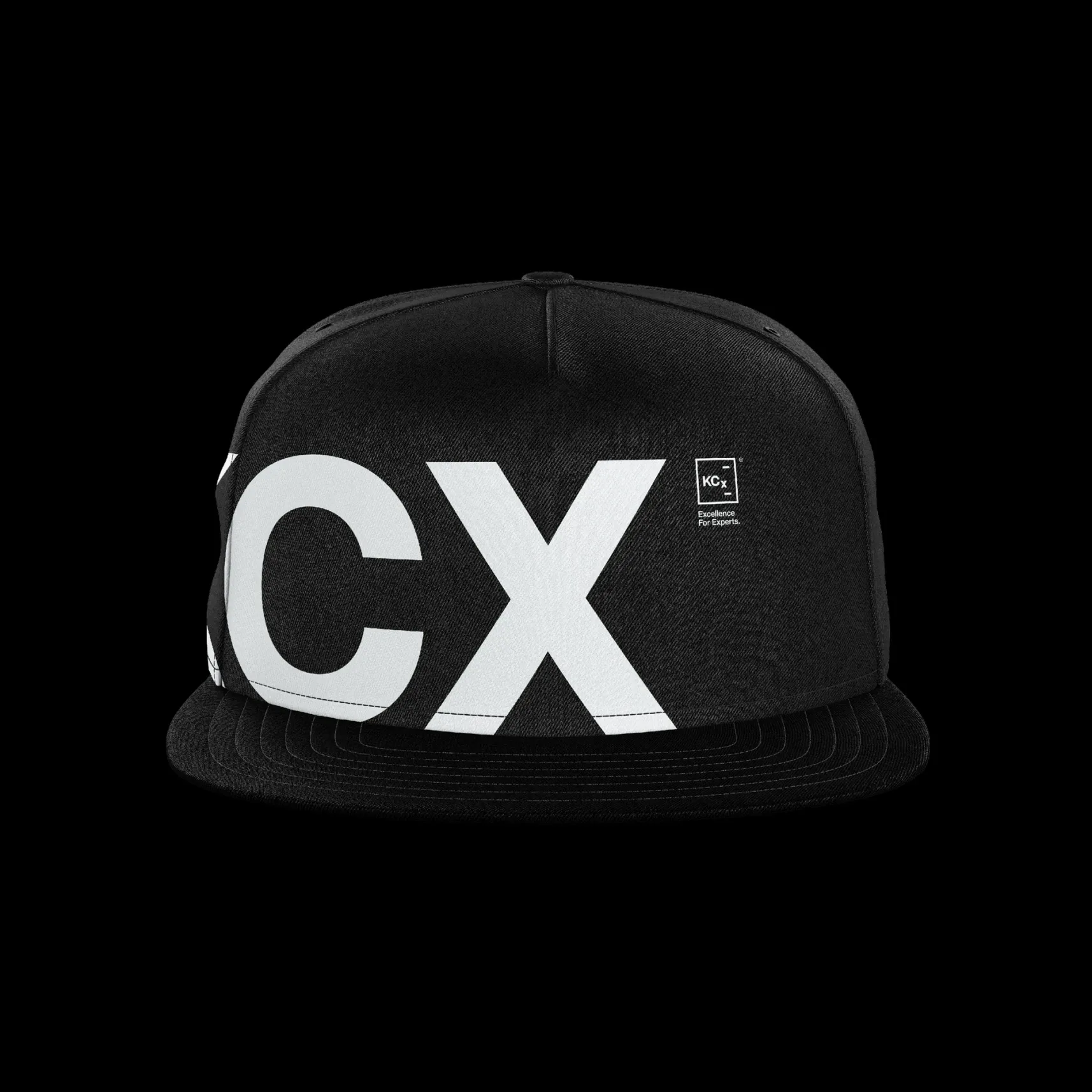 Schwarze Snapback-Kappe mit großen weißen Buchstaben CX vorn
