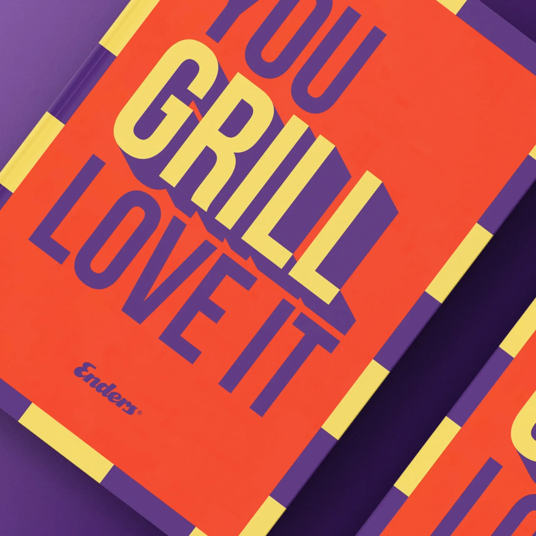 Orangefarbene Grafik mit dem Text 'YOU GRILL LOVE IT' und Enders-Logo auf lila Hintergrund