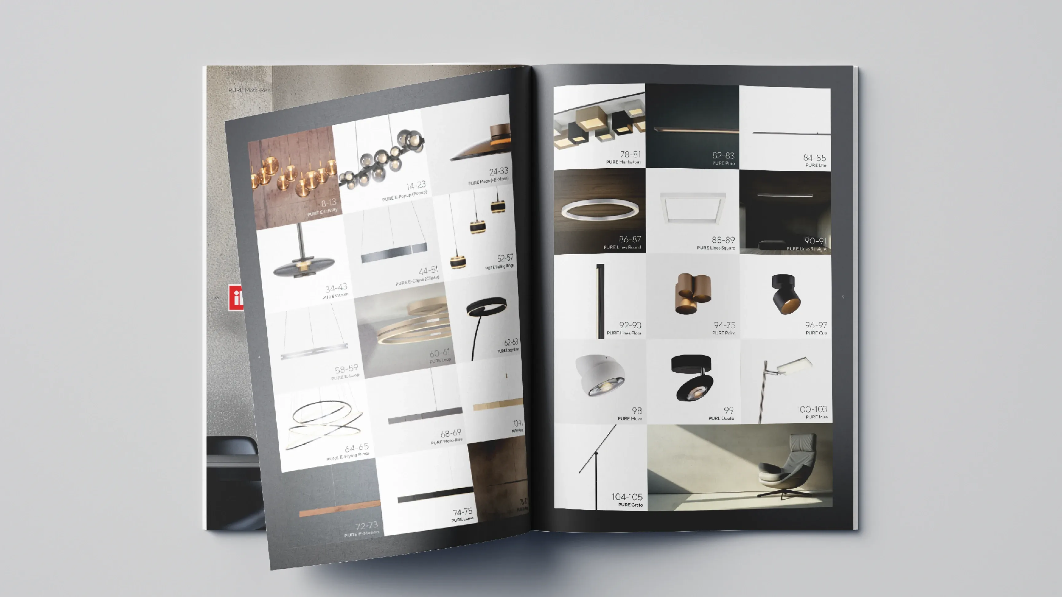 Aufgeschlagenes Produktkatalog-Heft mit Abbildungen verschiedener Lampen und Leuchten