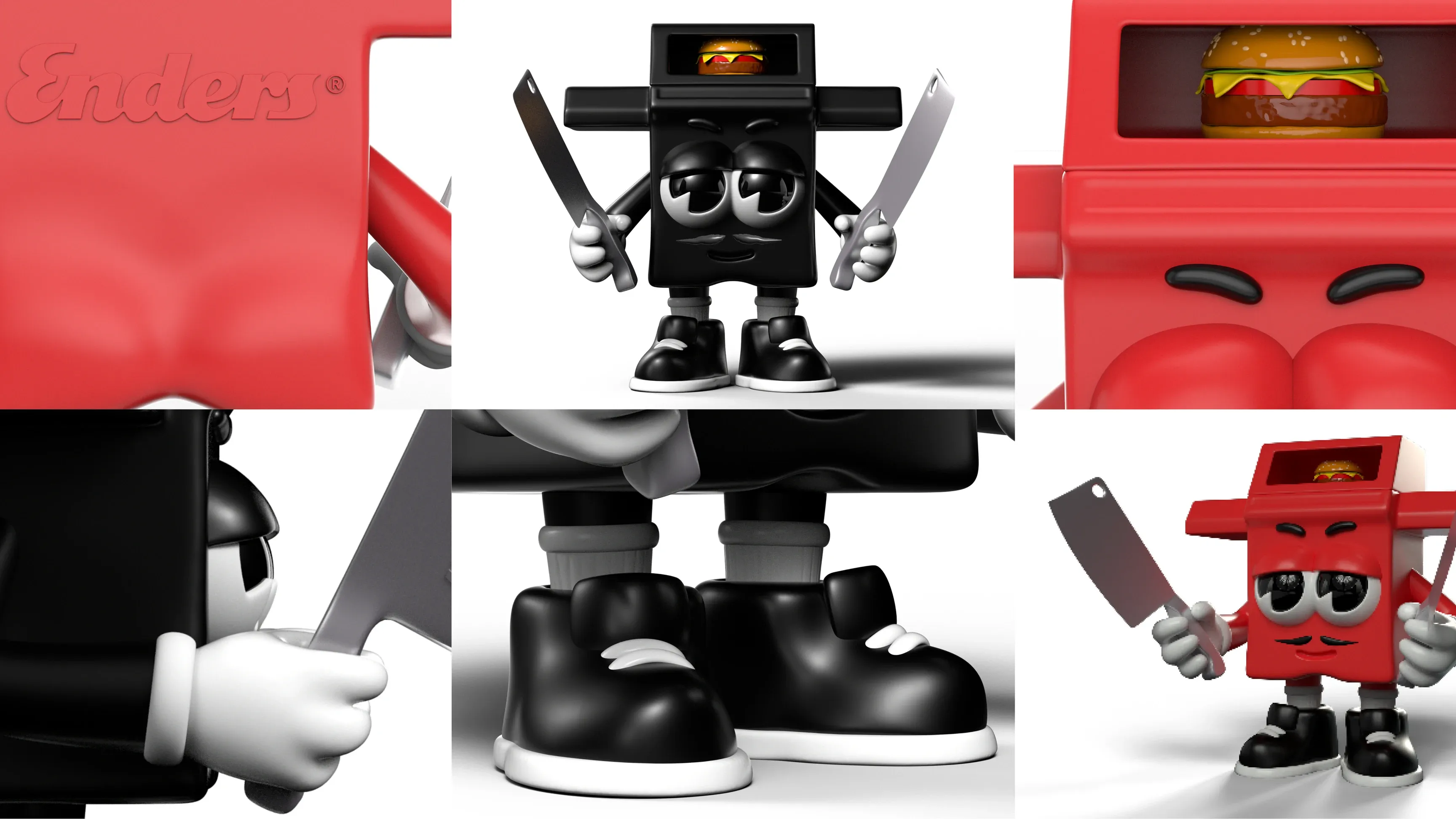 Collage eines kastenförmigen 3D-Charakters in Rot und Schwarz, der zwei Metzgerbeile hält, mit Burger im Schlitz