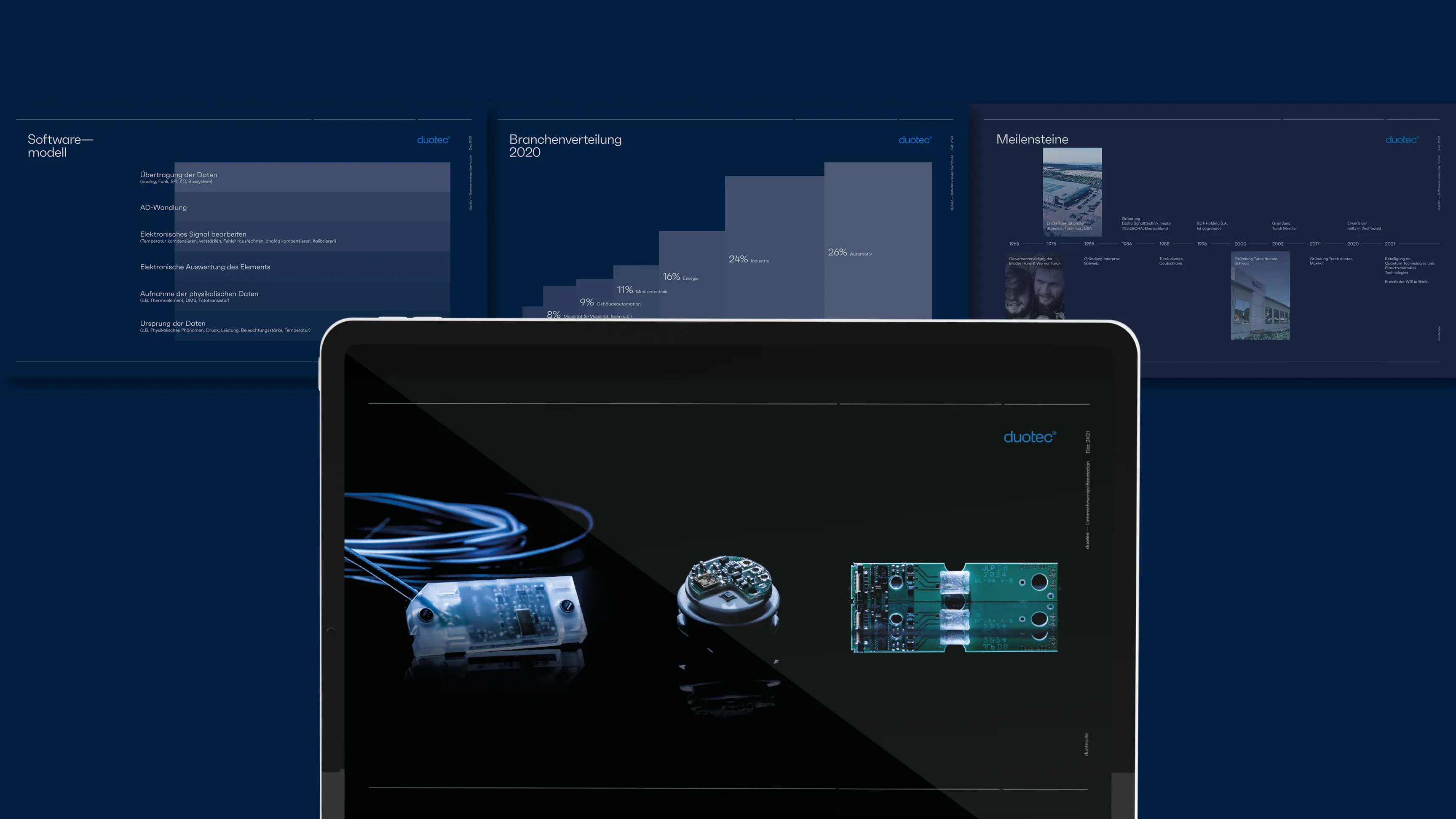 Laptop mit Elektronikbauteilen auf dem Bildschirm, dahinter blaue Folien mit Diagrammen und Meilensteinen