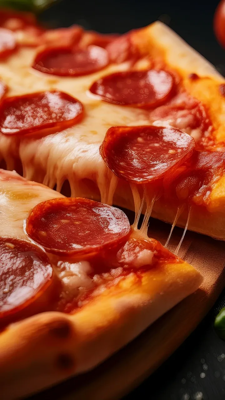 Nahaufnahme einer Salami-Pizza, ein Stück wird abgehoben und der Käse zieht Fäden