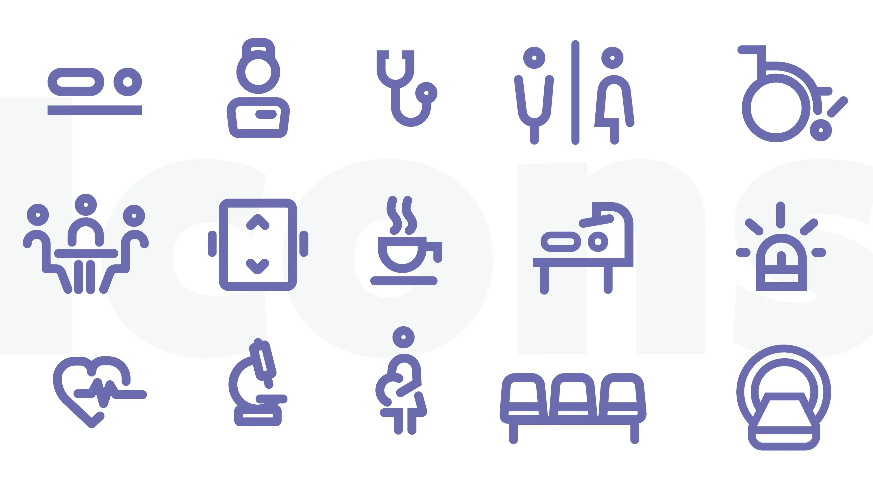 Violette Krankenhaus-Icons mit Rollstuhl, Stethoskop, WC, Herzmonitor, Mikroskop, Wartebereich, Kaffeetasse und Alarmleuchte
