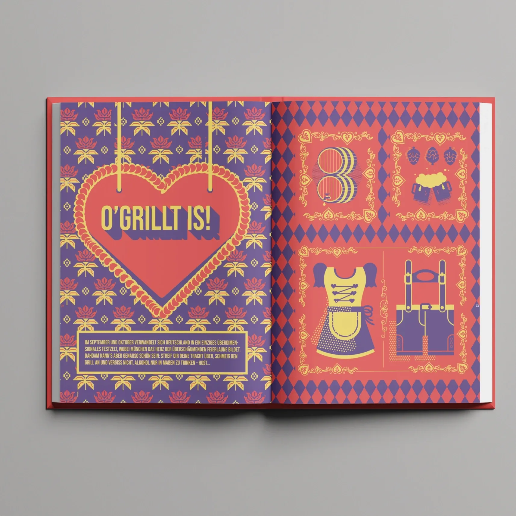 Aufgeschlagenes Buch mit bunten bayerischen Illustrationen: Lebkuchenherz mit 'O'GRILLT IS!' sowie Dirndl und Lederhose