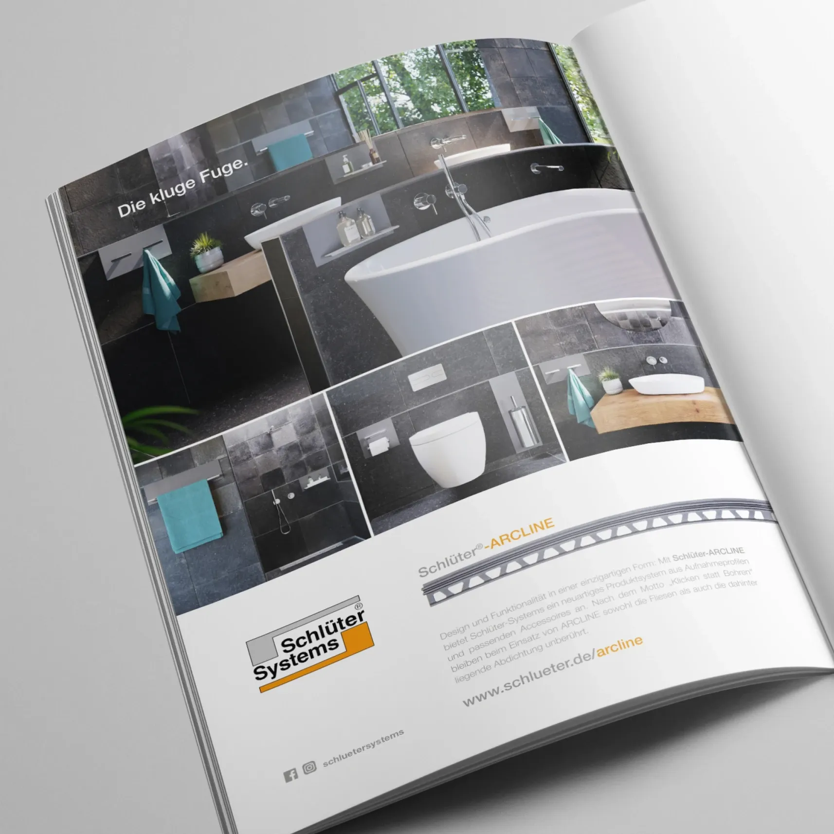 Magazinwerbung von Schlüter-Systems mit modernem Badezimmerdesign und der Produktlinie Schlüter-ARCLINE unter dem Slogan „Die kluge Fuge“.