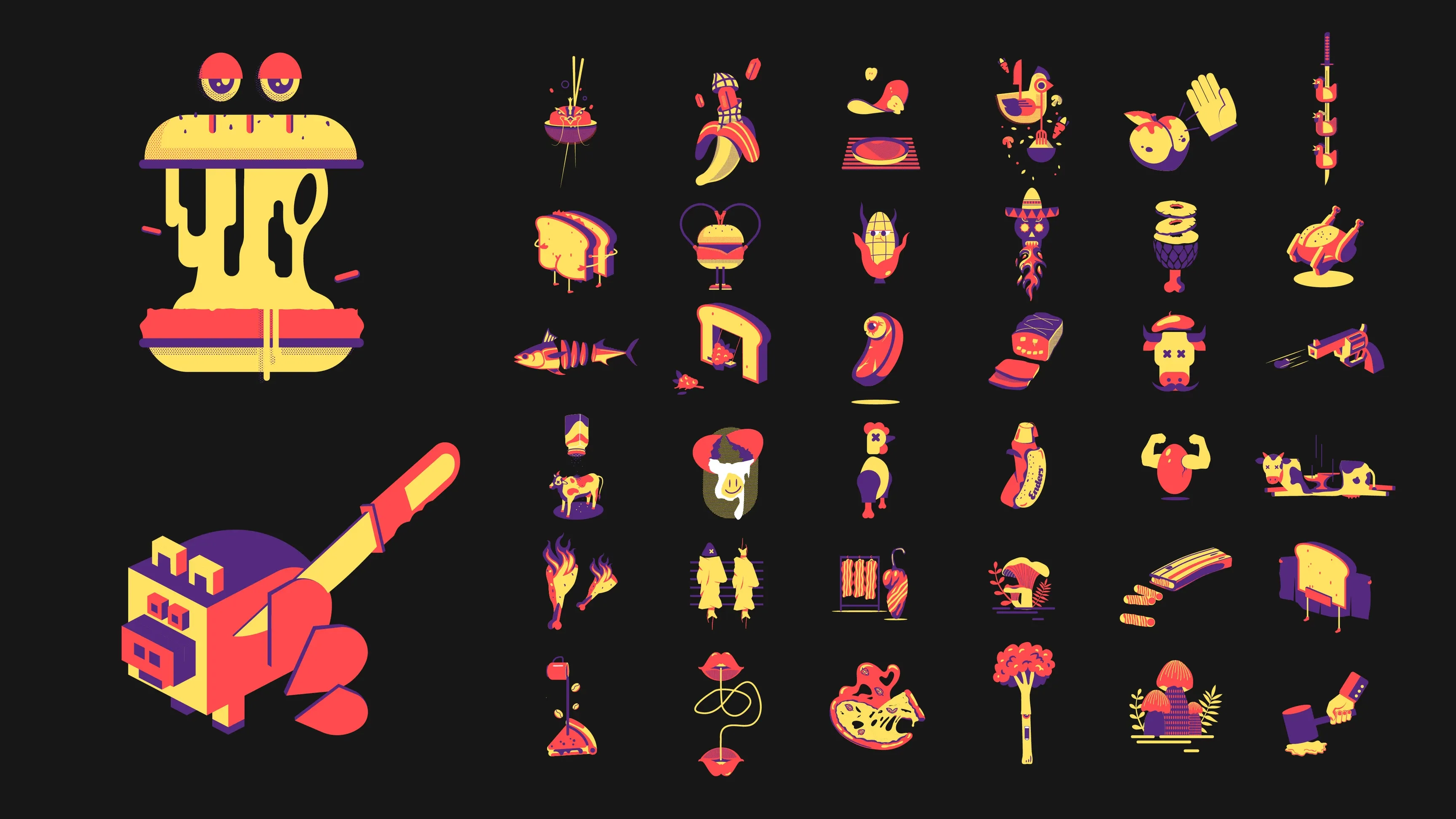 Neonfarbene, stilisierte Icons auf schwarzem Hintergrund, links ein großer Cartoon-Burger und ein Farbroller, rechts viele kleine Symbole