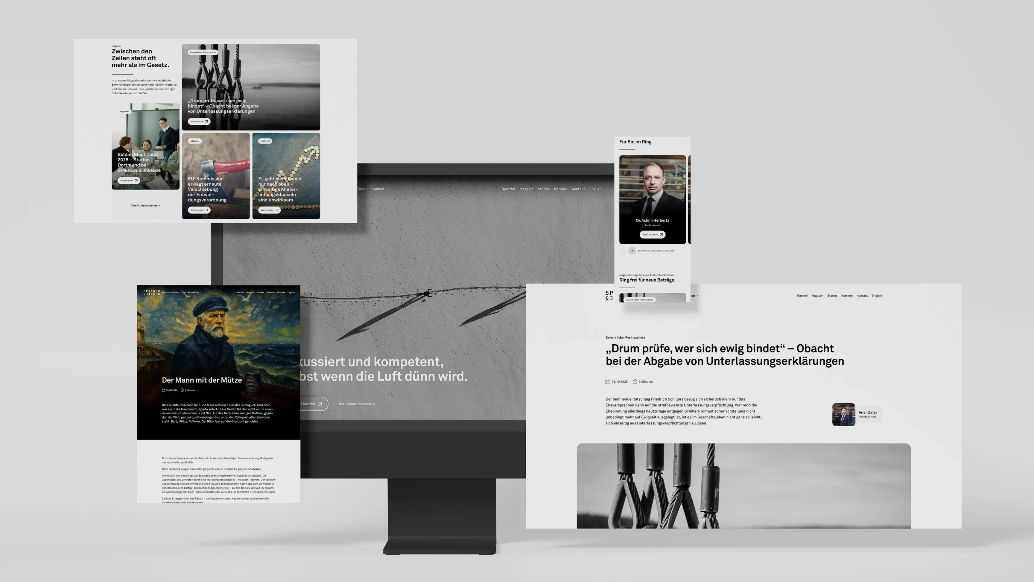 Monitor mit minimalistischem Website-Design, umgeben von schwebenden Seiten‑Mockups mit Artikeln und Bildern