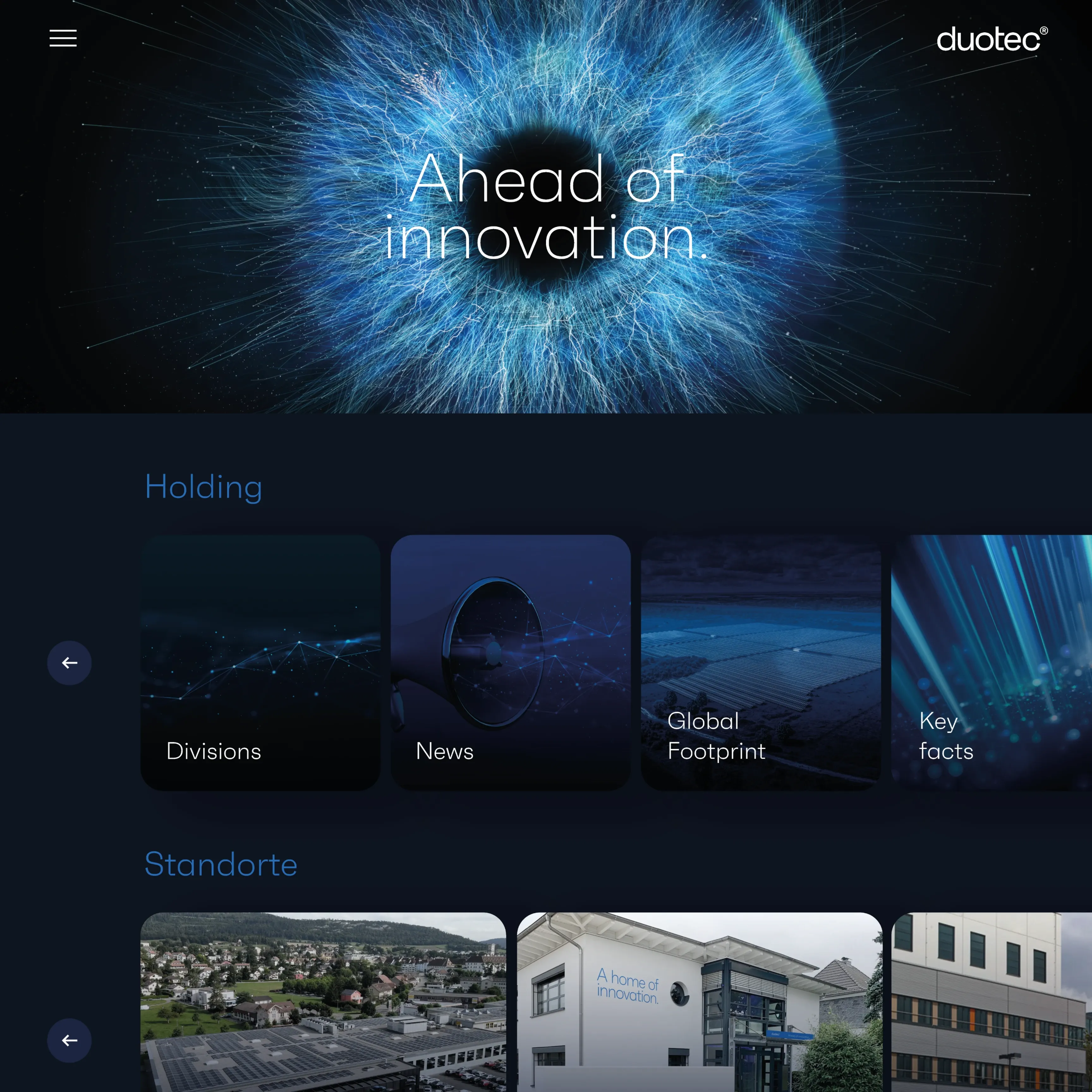 Screenshot der duotec-Startseite: blaue irisähnliche Grafik mit „Ahead of innovation“, darunter Kacheln zu Holding, Divisions, News, Global Footprint, Key facts und Standorte