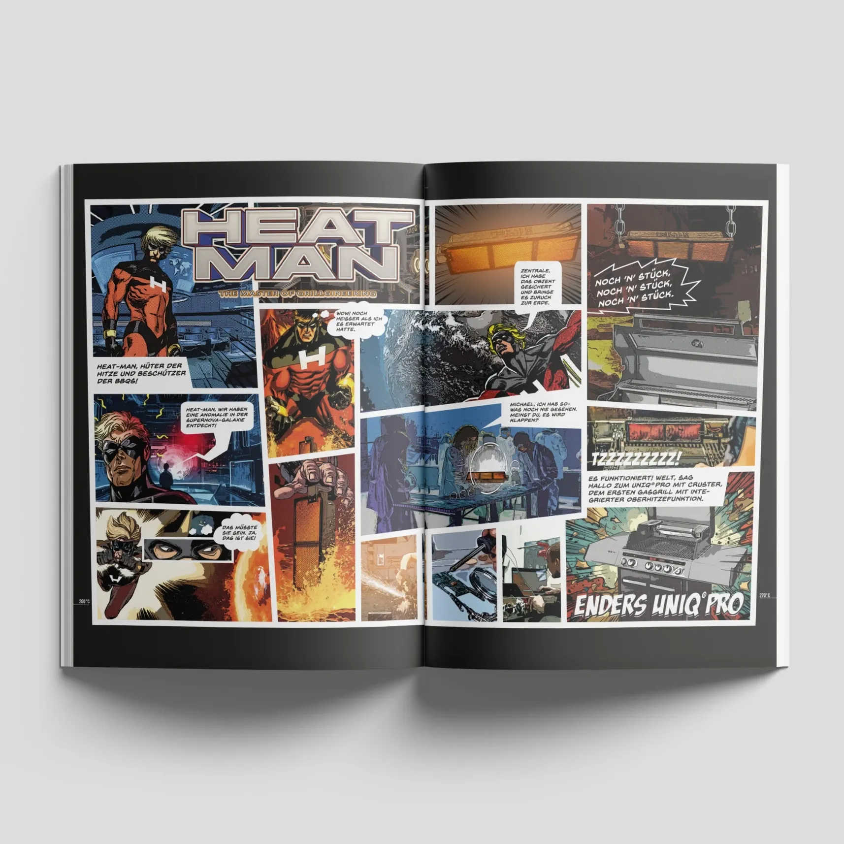 Aufgeschlagenes Buch mit bunter Science-Fiction-Comic-Doppelseite, Titel 'HEAT MAN', mit Sprechblasen und Actionpanels