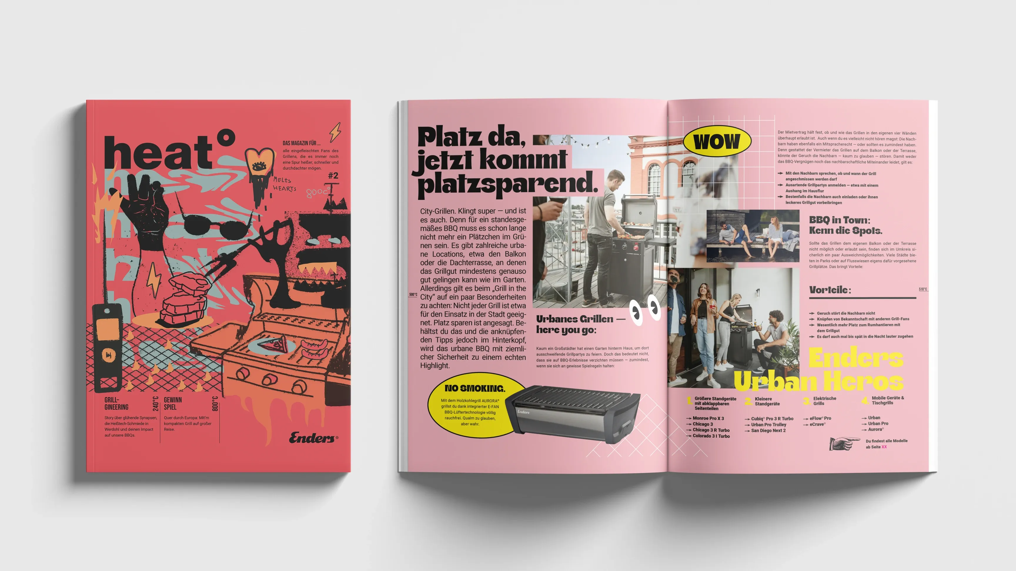 Pinkes Magazin „heat°“ neben aufgeklappter Doppelseite mit deutschen Artikeln und Fotos