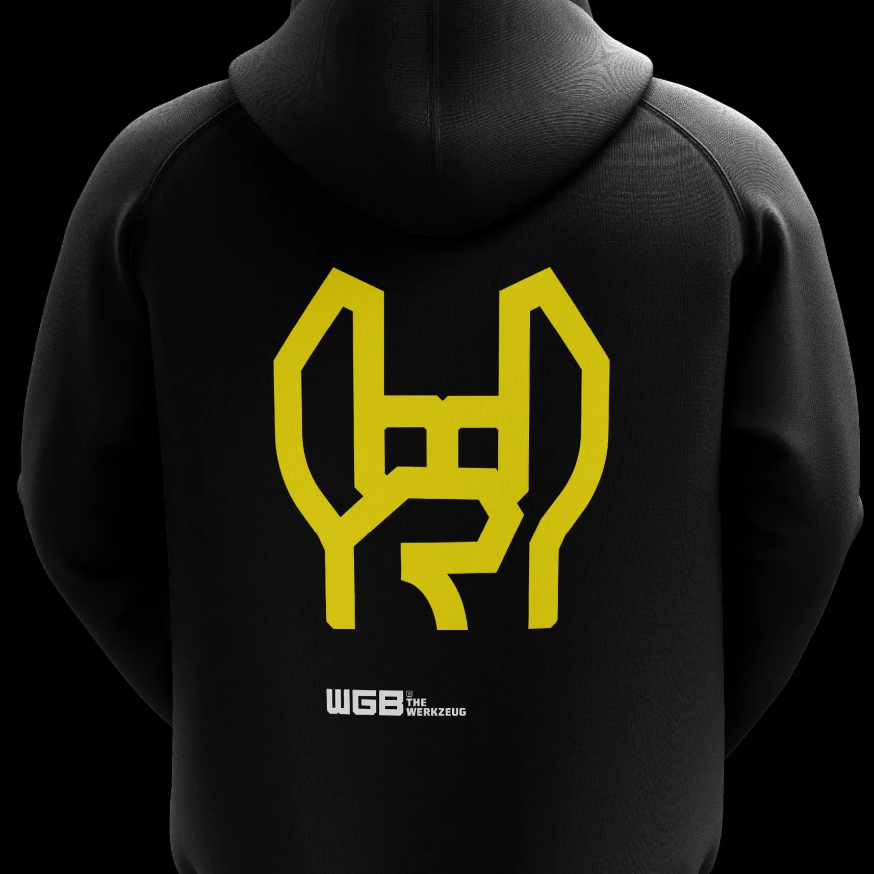 Schwarzer Hoodie von hinten mit großem gelben abstrakten Logo und kleinem weißen WGB-Schriftzug
