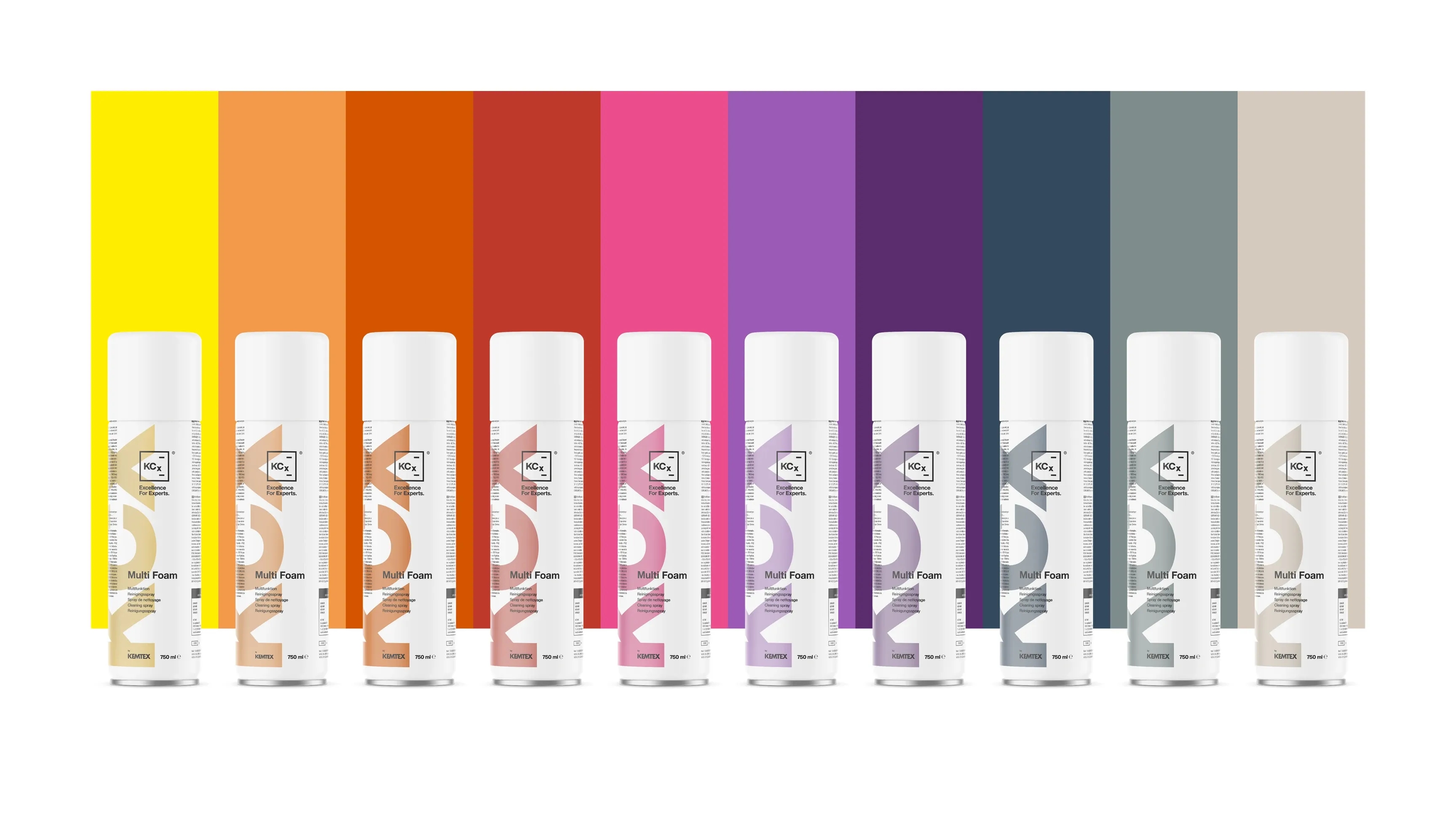 Reihe weißer Sprühdosen vor Farbskala von Gelb über Orange, Rosa und Violett bis Grau