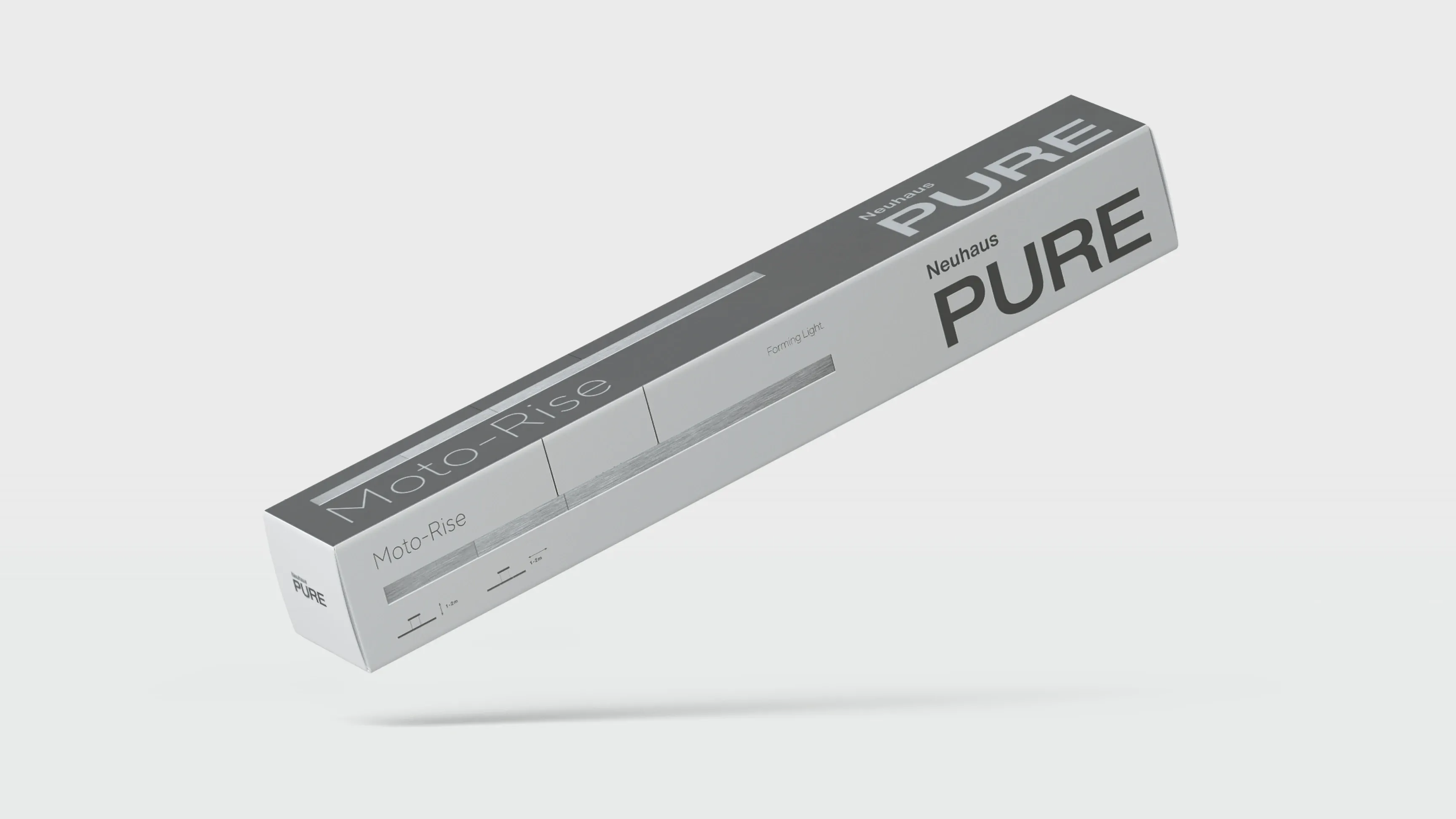 Längliche graue Produktbox mit der Aufschrift PURE vor hellem Hintergrund