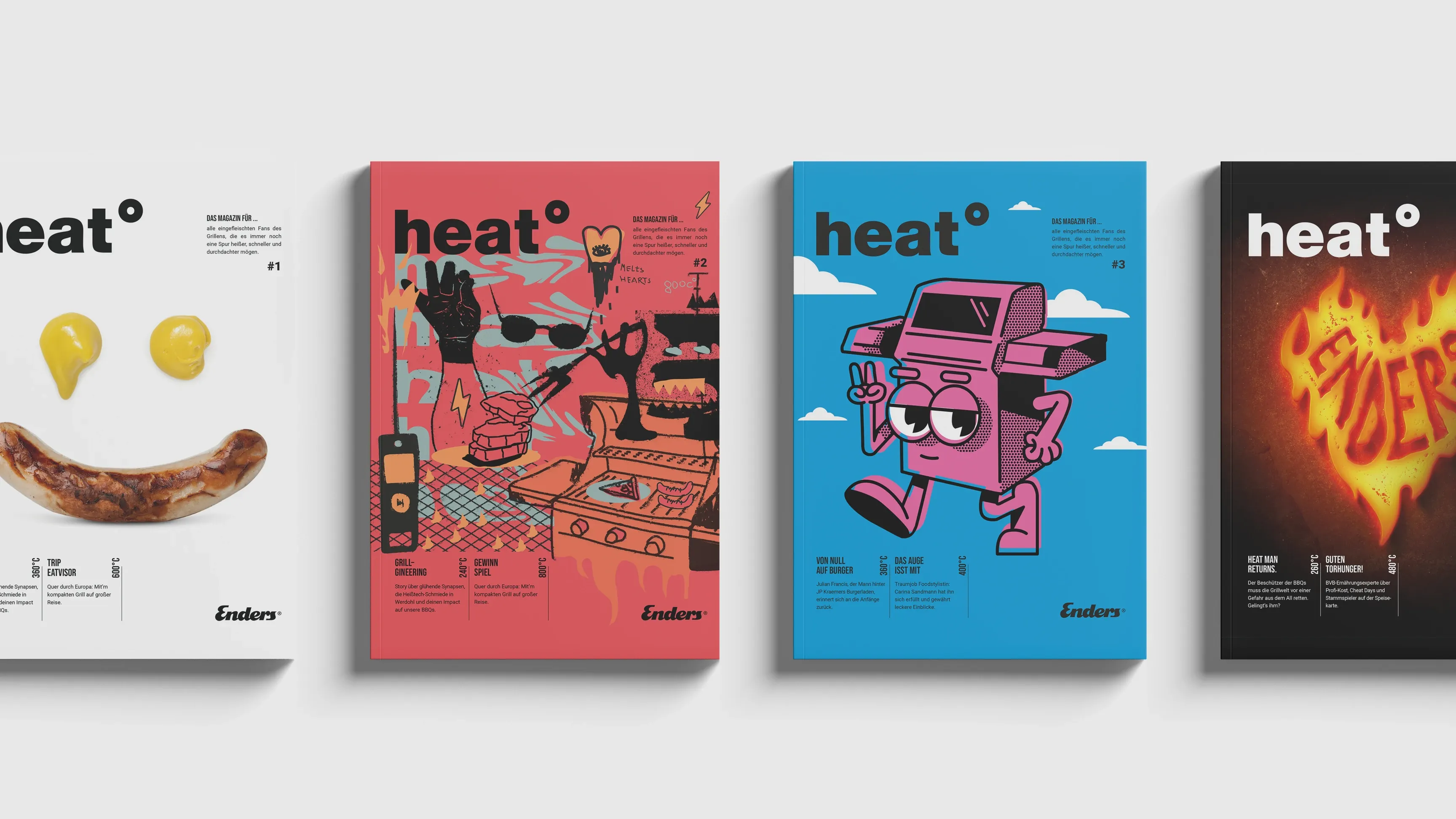 Vier 'heat°'-Magazincover nebeneinander: weiß mit Wurst und gelben Klecksen, rot mit Illustrationen, blau mit pinker Figur, schwarz mit feurigem Schriftzug