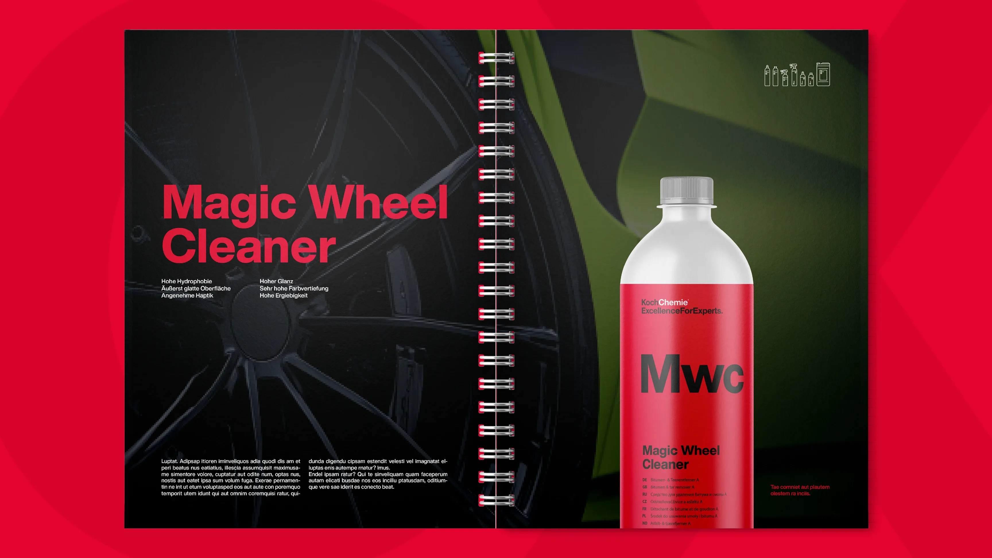 Aufgeschlagenes spiralgebundenes Magazin mit Anzeige für Magic Wheel Cleaner, links Nahaufnahme einer Autofelge, rechts rote Flasche mit Aufdruck Mwc