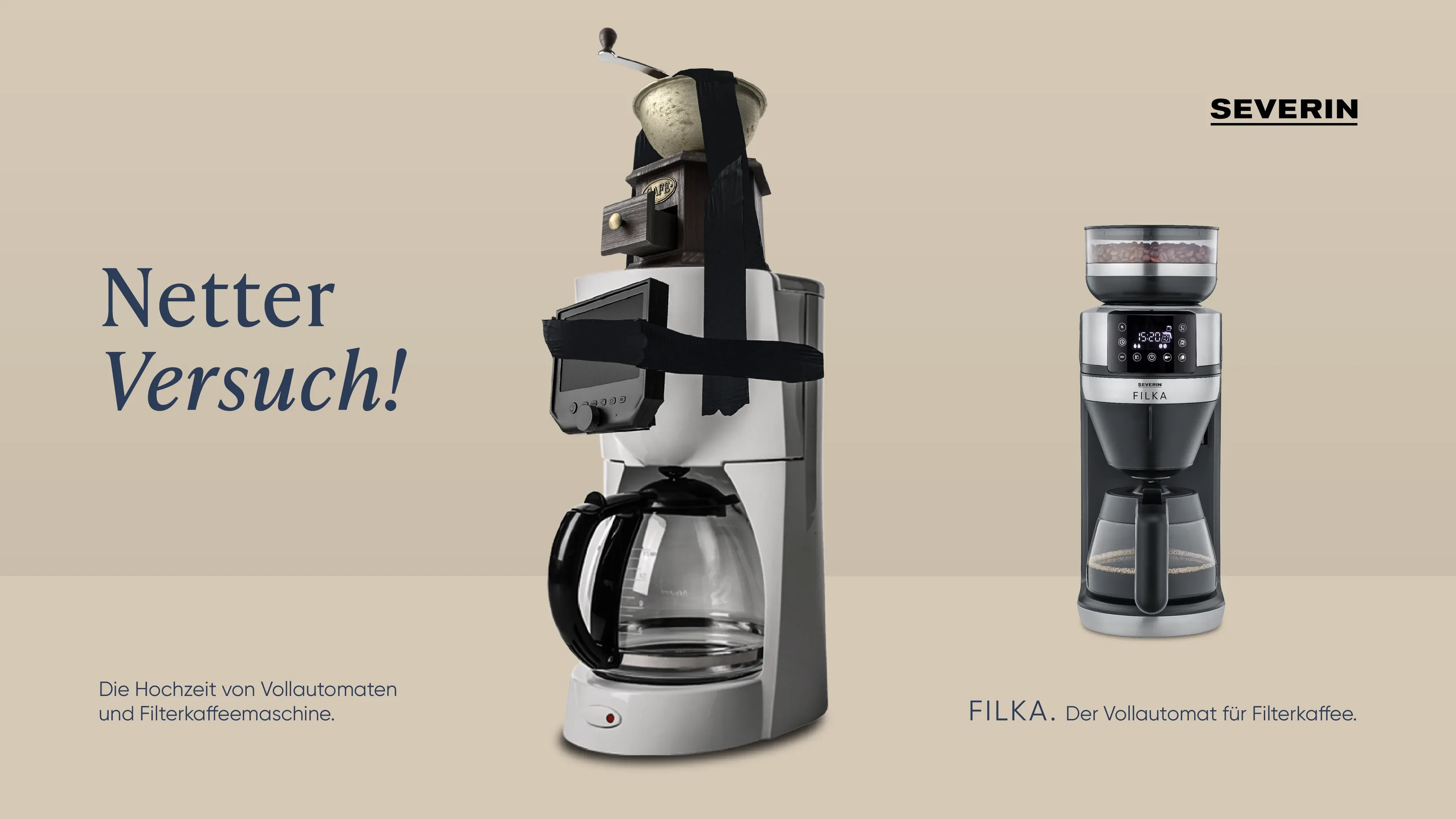 Anzeige: links eine improvisierte Kaffeemaschine mit Klebeband, rechts der Severin FILKA Vollautomat für Filterkaffee, Text „Netter Versuch!“