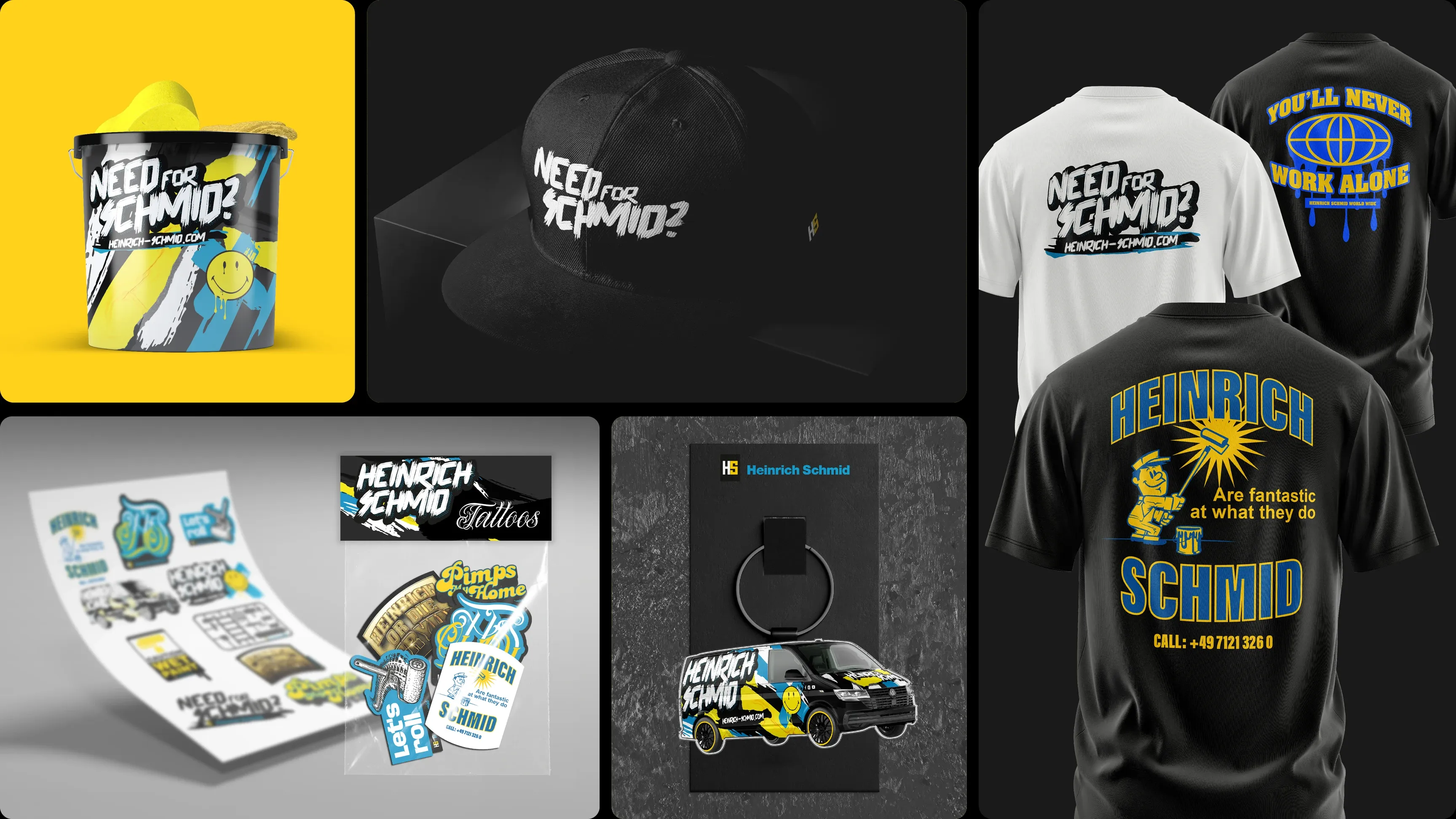 Collage aus schwarz-gelben Heinrich-Schmid-Werbeartikeln: Eimer, Cap, T-Shirts mit „Need for Schmid?“, Sticker, Handyhalter und gebrandeter Lieferwagen