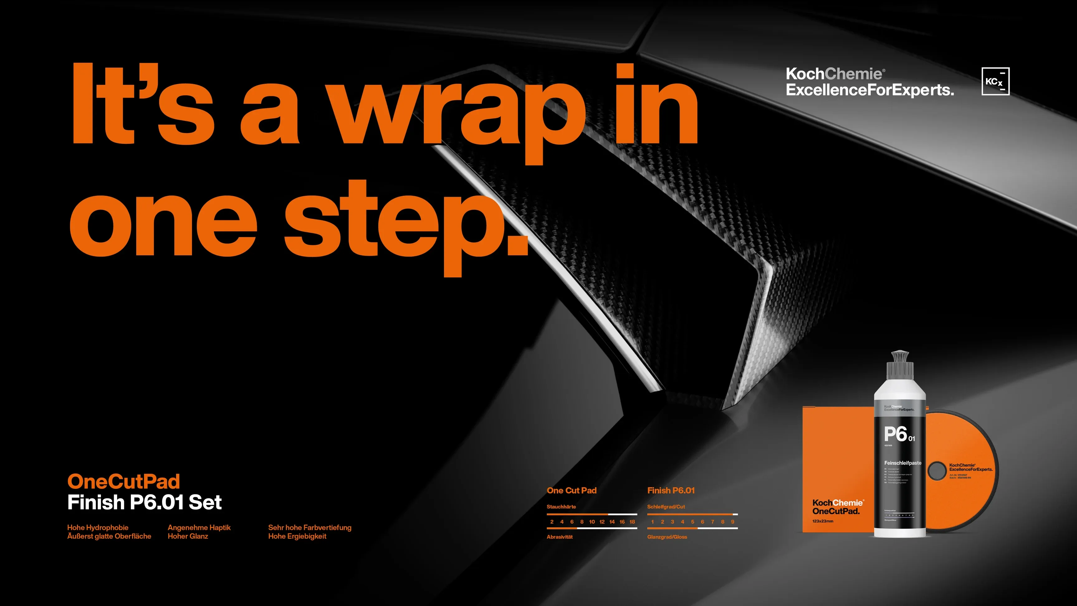 Werbeanzeige: „It’s a wrap in one step“ mit Koch‑Chemie P6.01 Set (Flasche und Pad) vor dunklem Auto-Detail