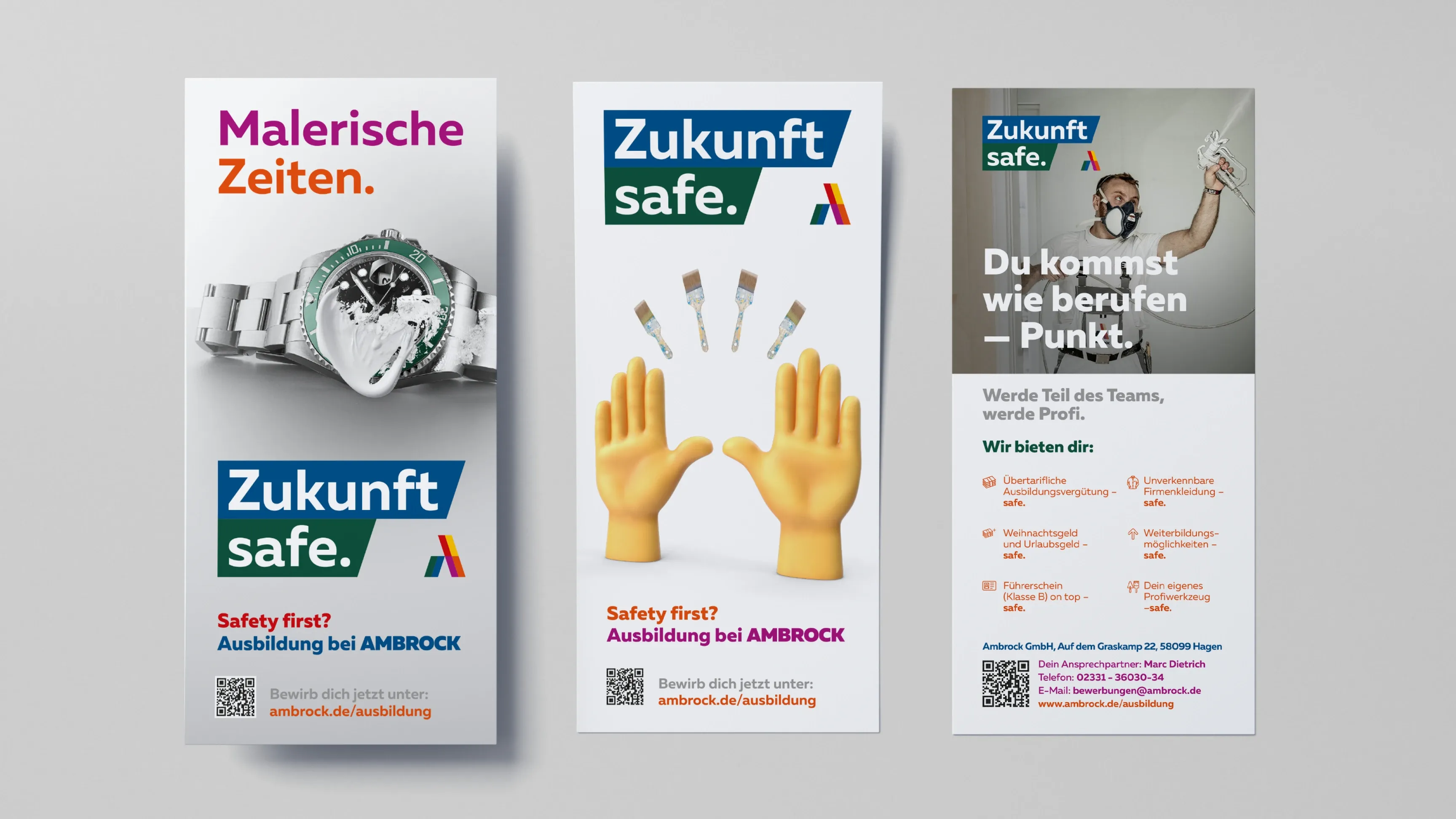 Drei AMBROCK-Flyer zur Ausbildung „Zukunft safe.“: zerbrochene Uhr mit Farbe, Emoji-Hände mit Pinseln, Handwerker verspachtelt Wand, mit QR-Codes