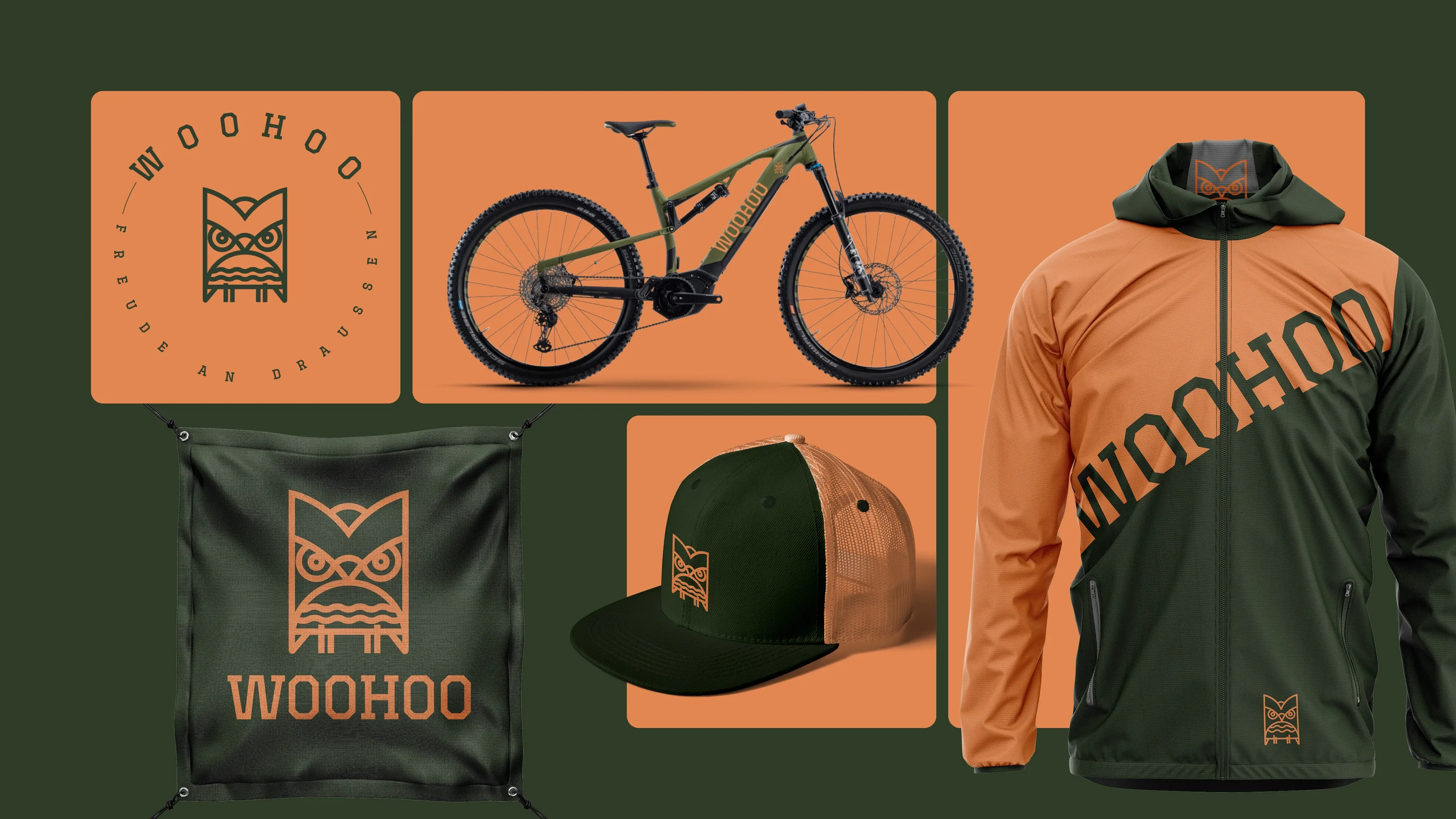 Produktcollage der Marke WOOHOO: olivgrün-orangenes Mountainbike, zweifarbiger Hoodie, Cap, Turnbeutel und Logo