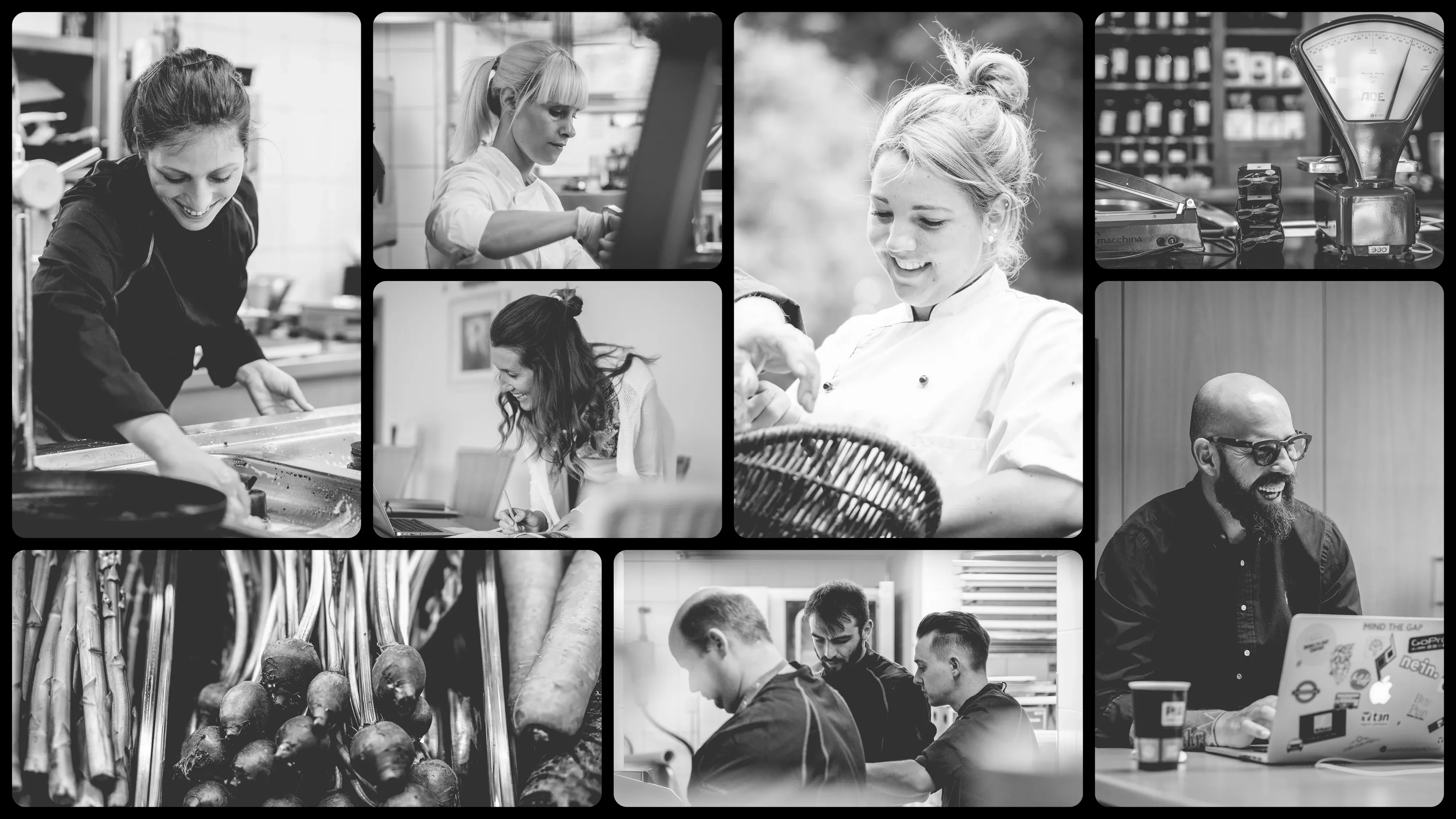 Schwarzweiß-Collage: Köchinnen und Köche bei der Arbeit, frisches Wurzelgemüse, Kaffeemühle und ein Mann am Laptop