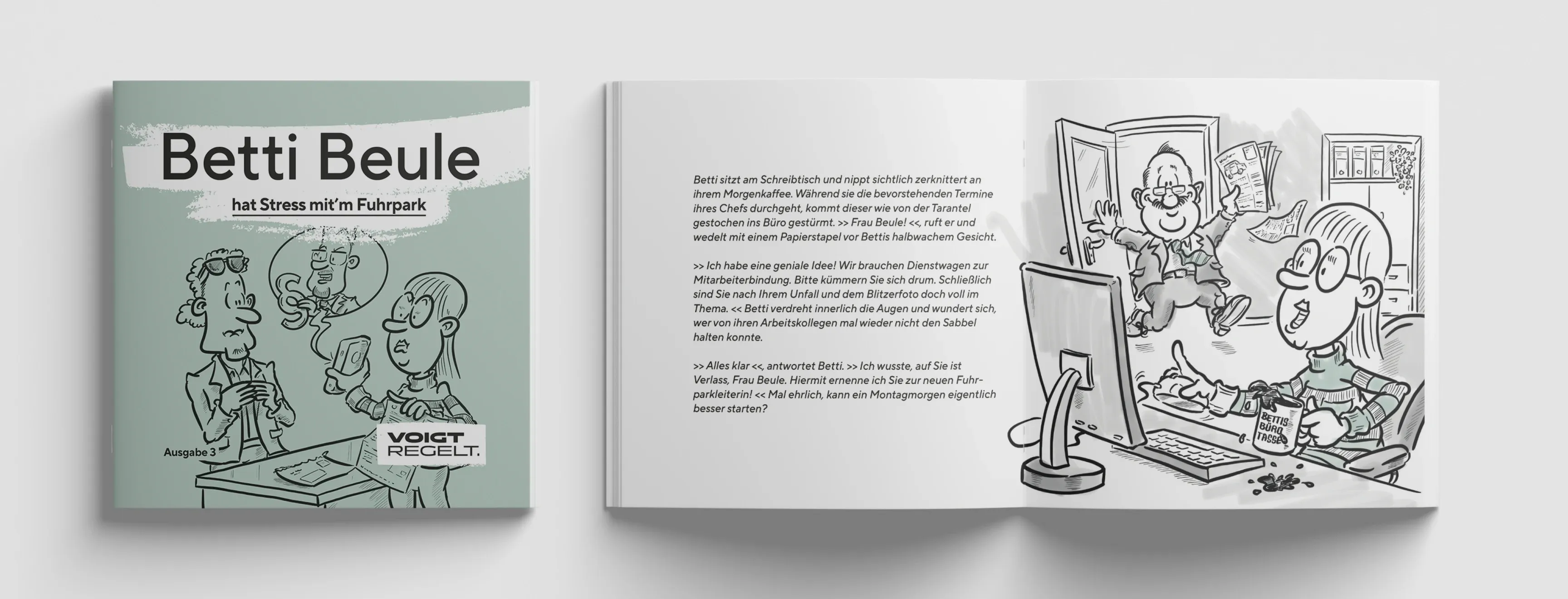 Foto eines aufgeschlagenen Buchs: links grünes Cover „Betti Beule – hat Stress mit Paragraphen“, rechts Textseite und Schwarzweiß-Comic mit Figur am Computer
