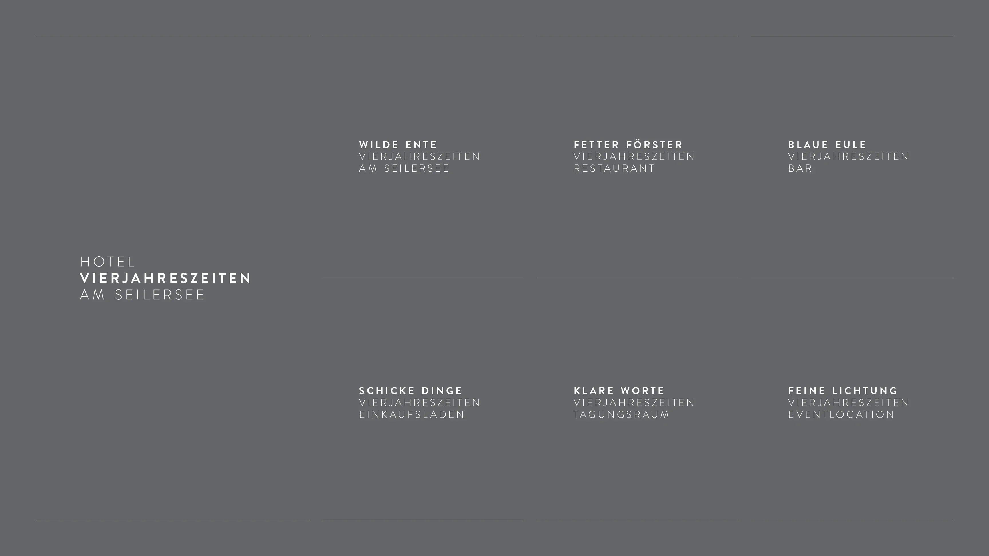 Graue Typo-Grafik mit Text: Hotel Vierjahreszeiten am Seilersee und den Bereichen Wilde Ente, Fetter Förster, Blaue Eule, Schicke Dinge, Klare Worte, Feine Lichtung