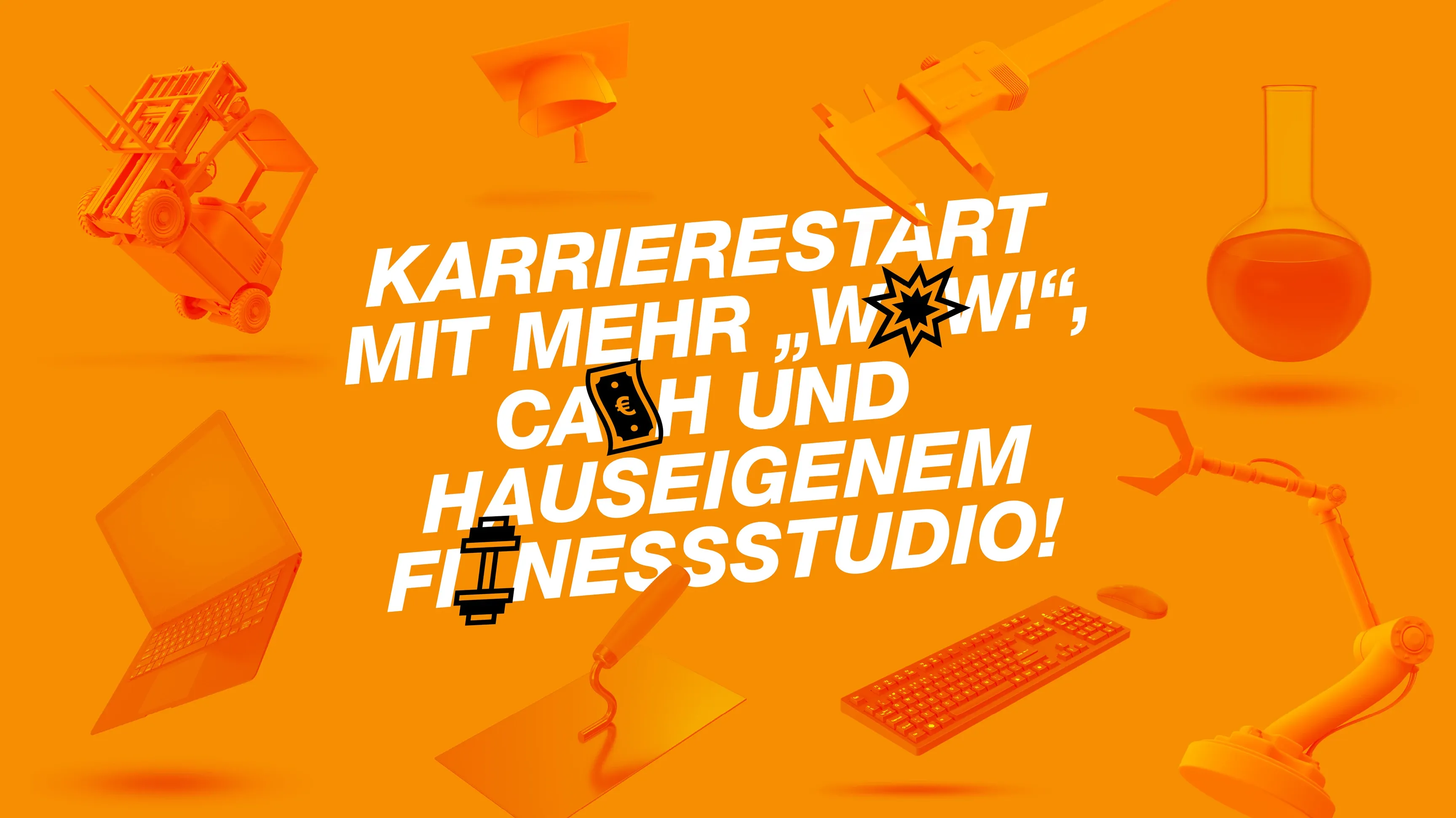 Orange Grafik mit Text: Karrierestart mit mehr „Wow!“, Cash und hauseigenem Fitnessstudio, umgeben von Technik- und Labor-Icons