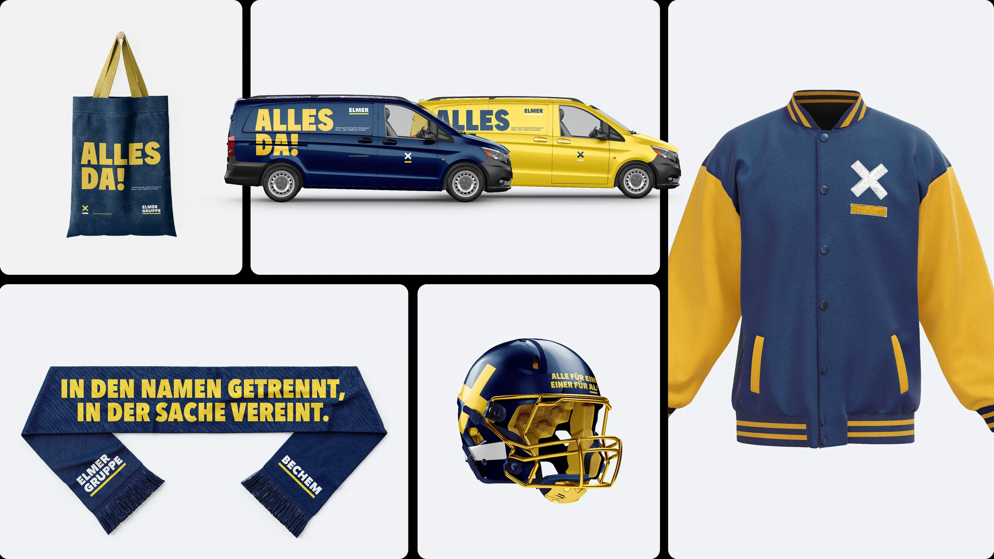 Collage blau-gelber Markenartikel: Stoffbeutel 'ALLES DA!', zwei Transporter, Collegejacke mit X, Schal mit Slogan, Footballhelm