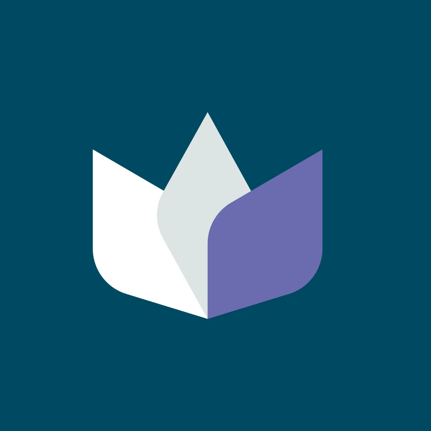 Abstraktes dreiteiliges Logo in Weiß, Hellgrau und Lila auf dunkelblauem Hintergrund