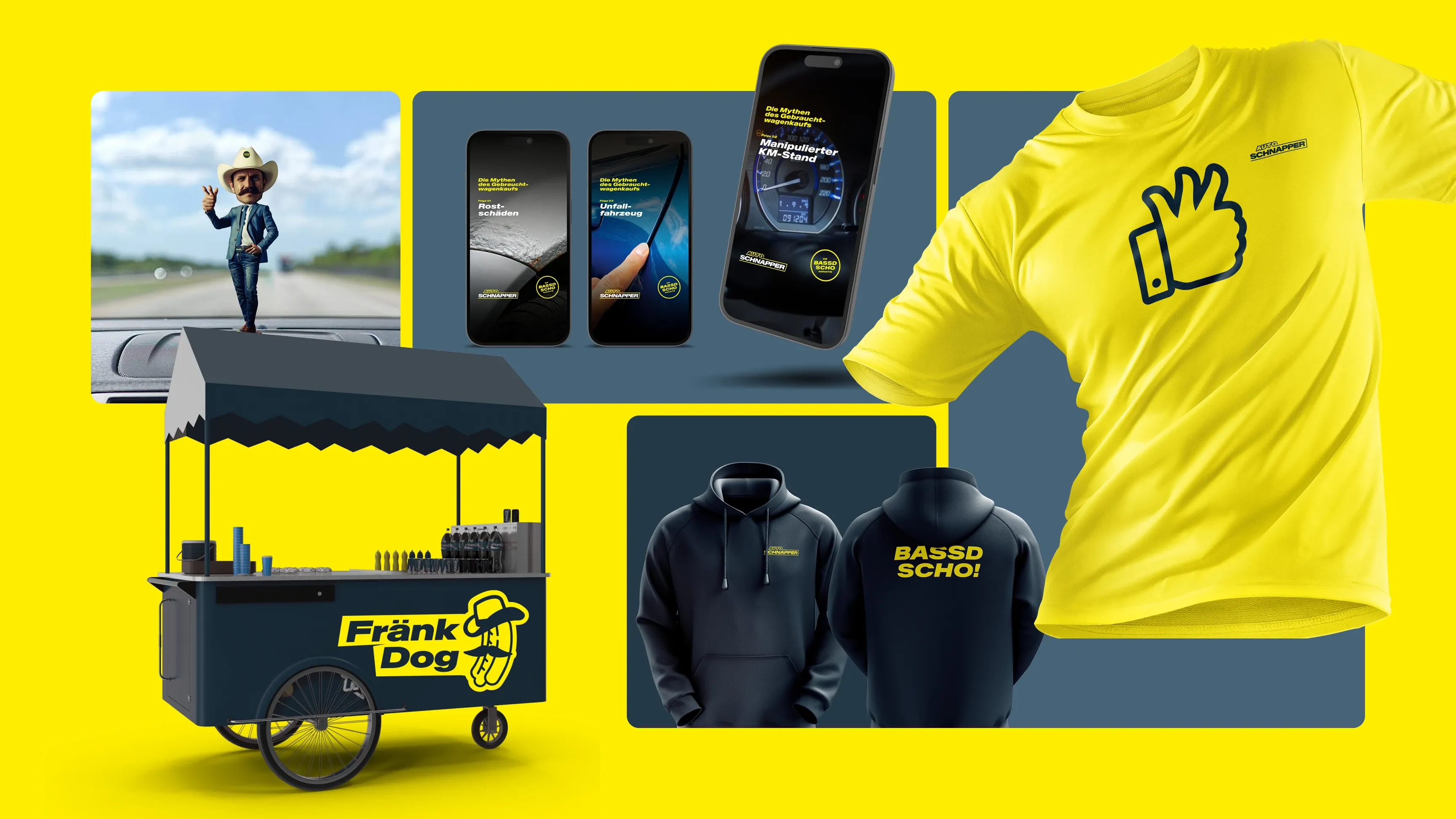 Collage in Gelb-Schwarz mit Hotdog-Stand „Fränk Dog“, T‑Shirt mit OK‑Hand, Hoodies „BASSD SCHO!“, Handy‑Mockups und Cowboy‑Figur