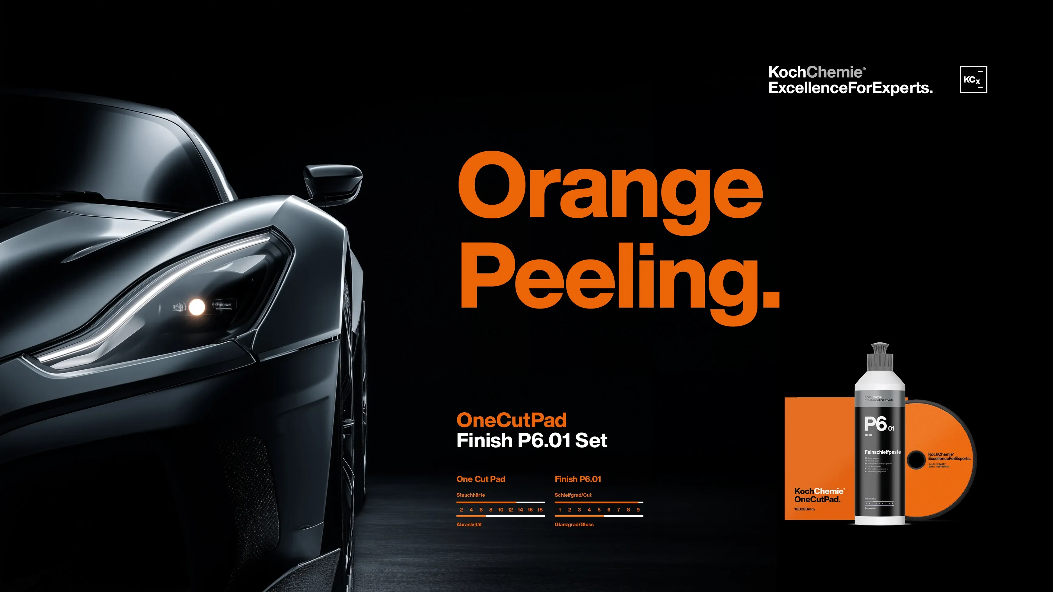 Werbeanzeige: schwarze Sportwagenfront links, Text „Orange Peeling“, rechts KochChemie OneCutPad Finish P6.01 mit Flasche und orangefarbenem Pad