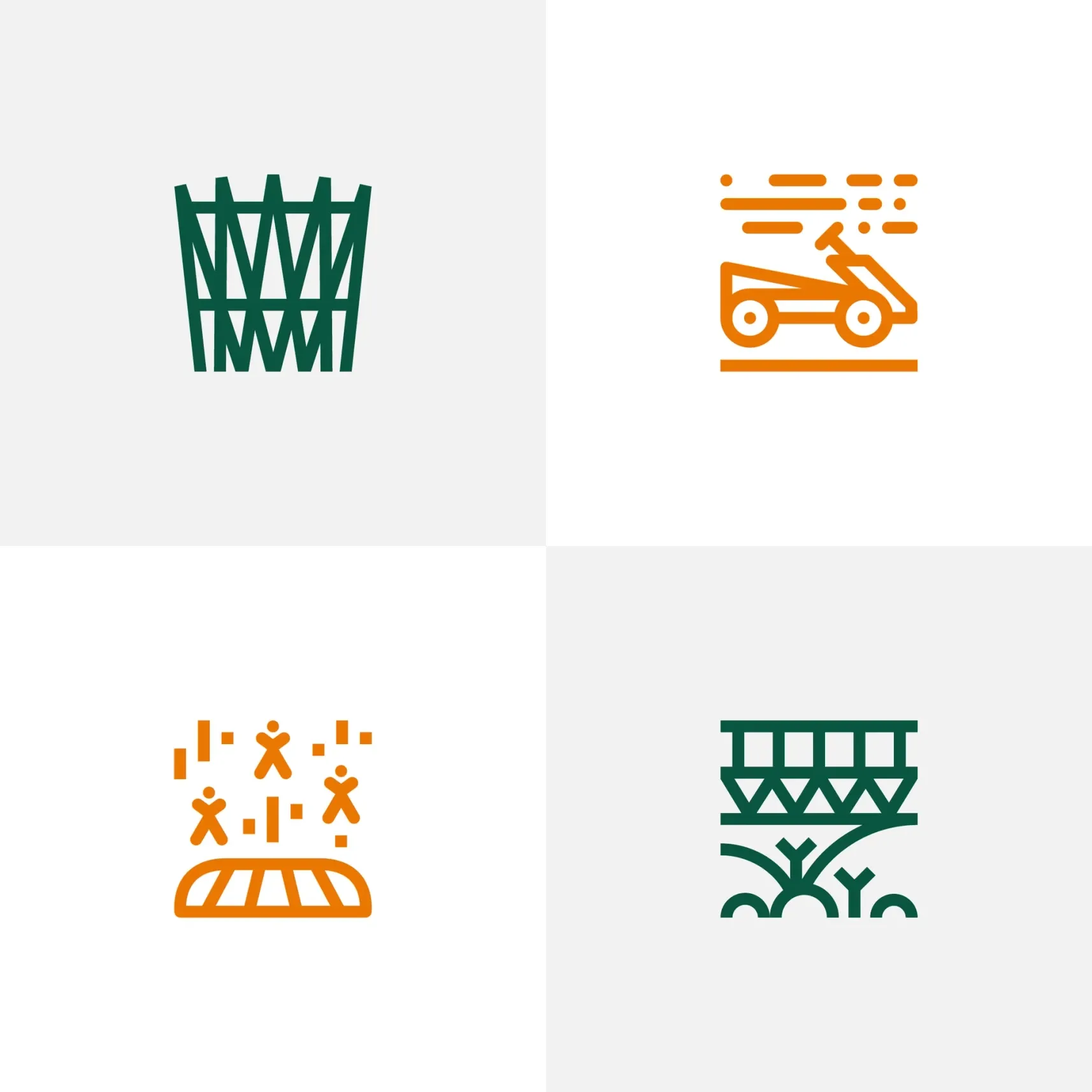 Vier abstrakte Symbole in Grün und Orange in einem 2x2-Raster