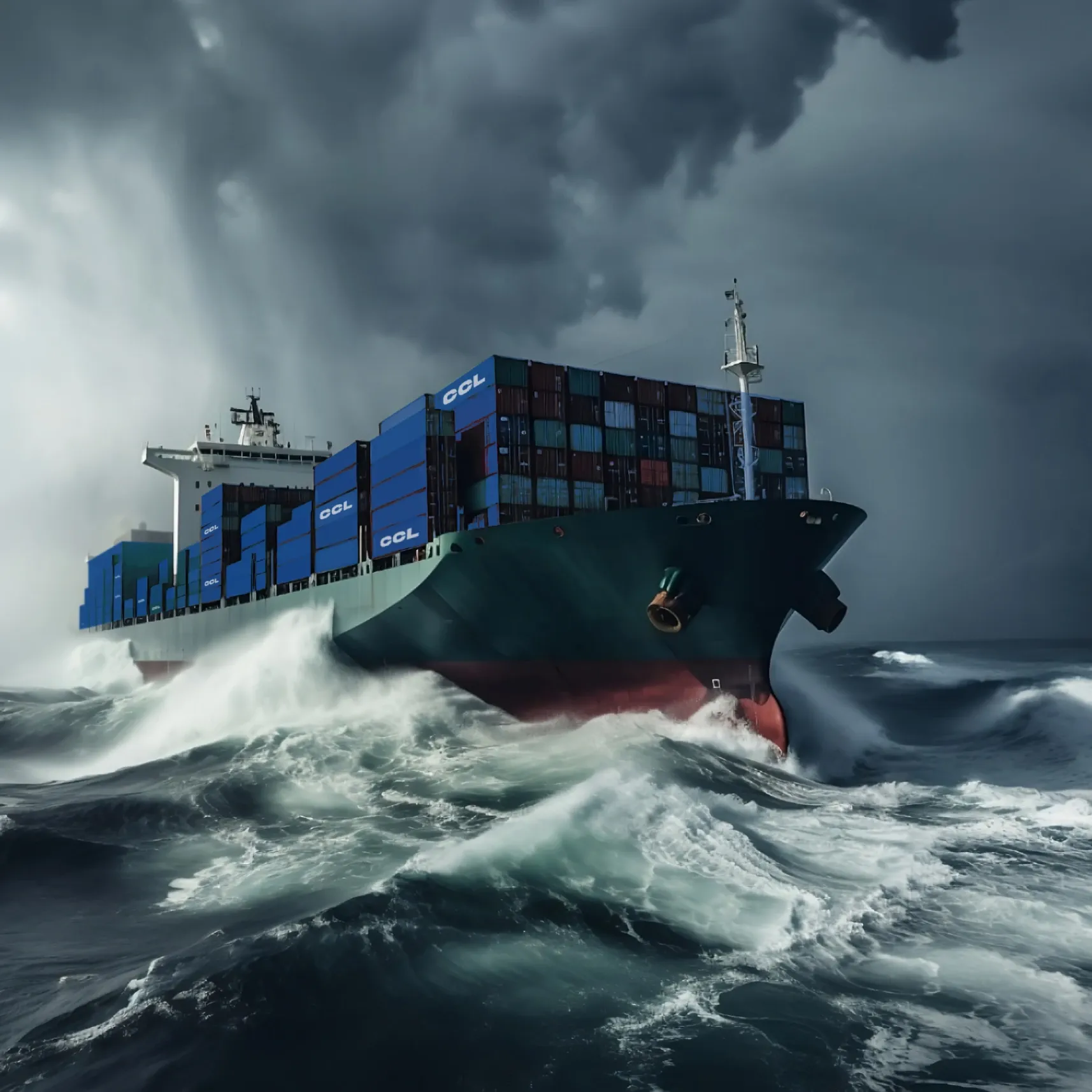 Containerschiff kämpft sich bei Sturm durch hohe Wellen unter dunklen Wolken