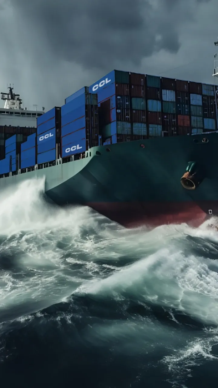 Containerschiff kämpft sich bei Sturm durch hohe Wellen unter dunklen Wolken