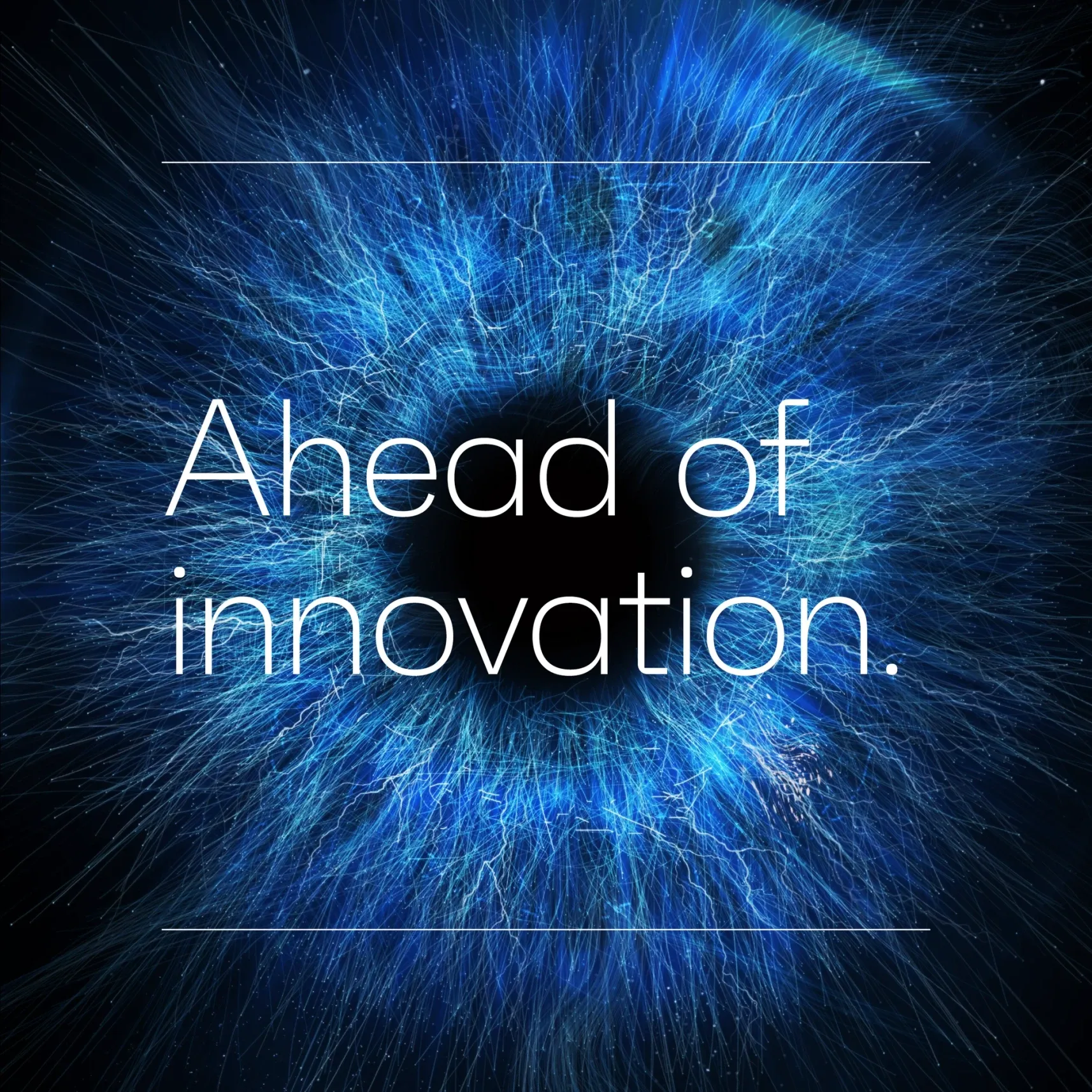 Abstrakte blaue Iris mit Text 'Ahead of innovation'
