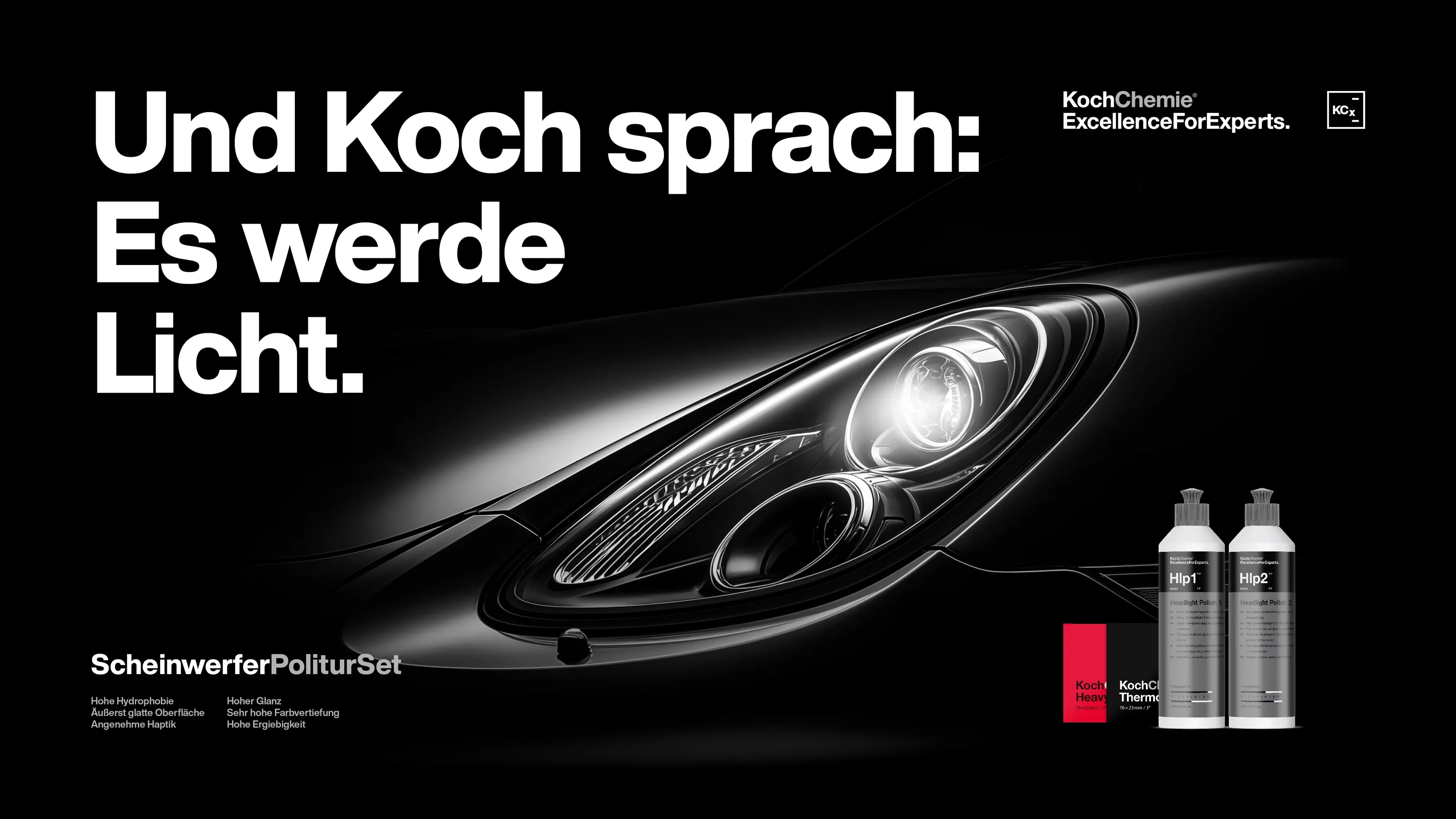Werbeanzeige mit Autoscheinwerfer, Text 'Und Koch sprach: Es werde Licht', zwei Koch-Chemie-Politurflaschen