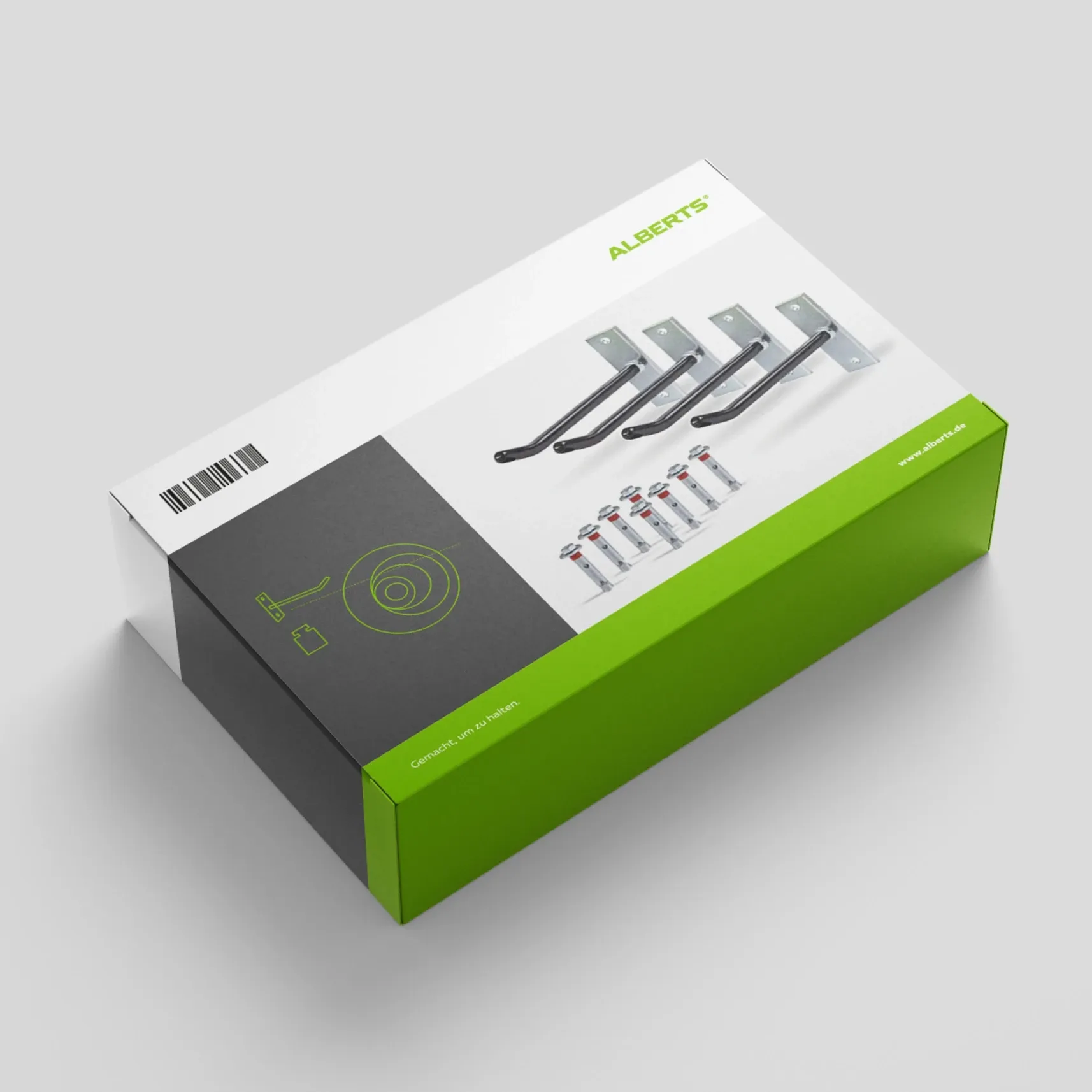 Grün-weiße Produktverpackung mit Abbildung von drei Wandhaken sowie Schrauben und Dübeln
