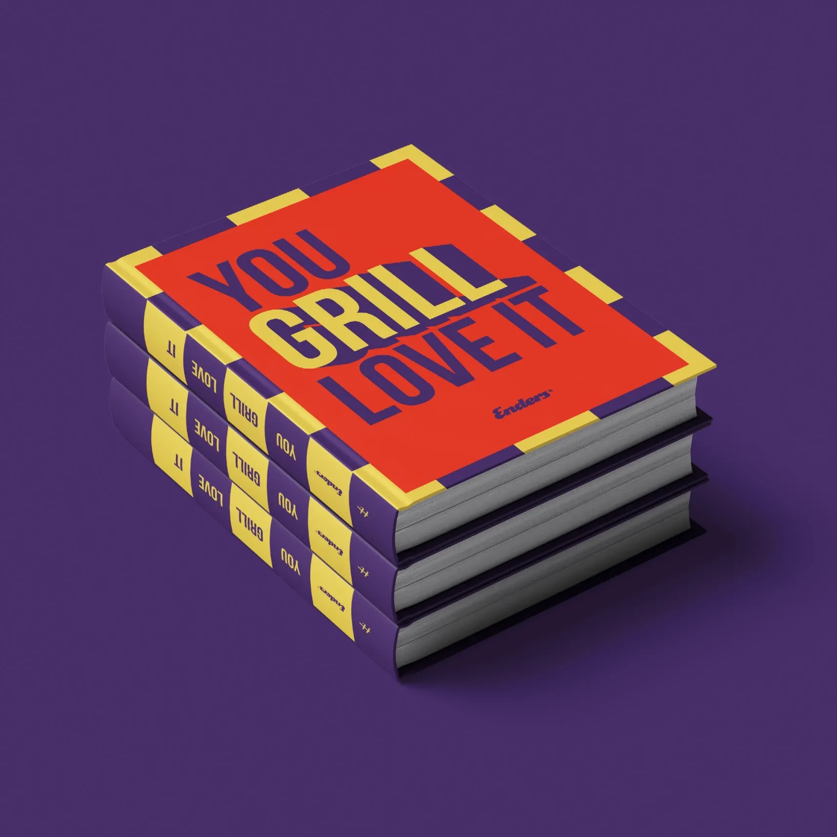 Stapel von vier Büchern mit rotem Cover, Titel „YOU GRILL LOVE IT“ auf violettem Hintergrund