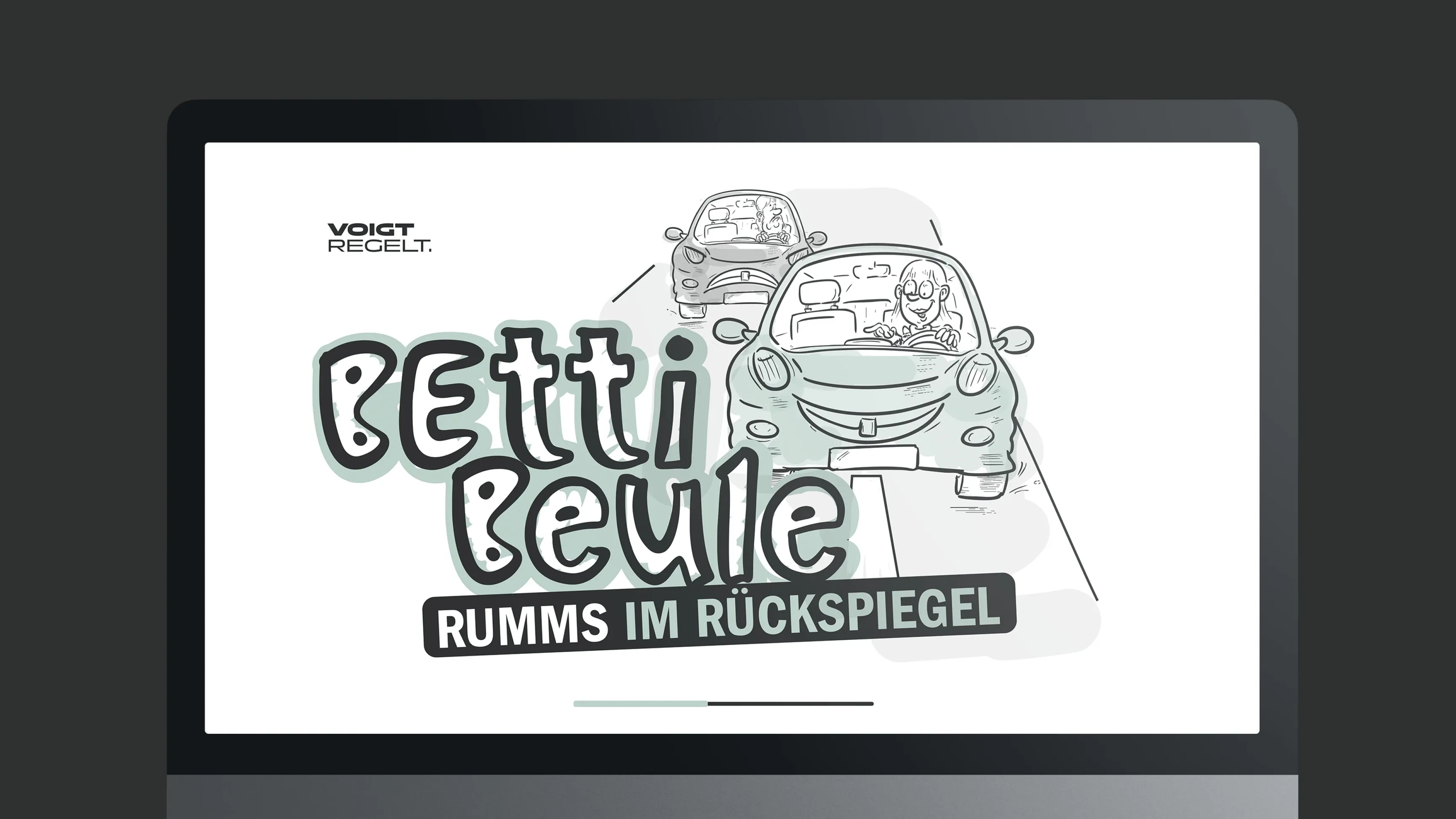 Laptopbildschirm mit Cartoon-Autos und der Aufschrift 'Betti Beule – Rumms im Rückspiegel'