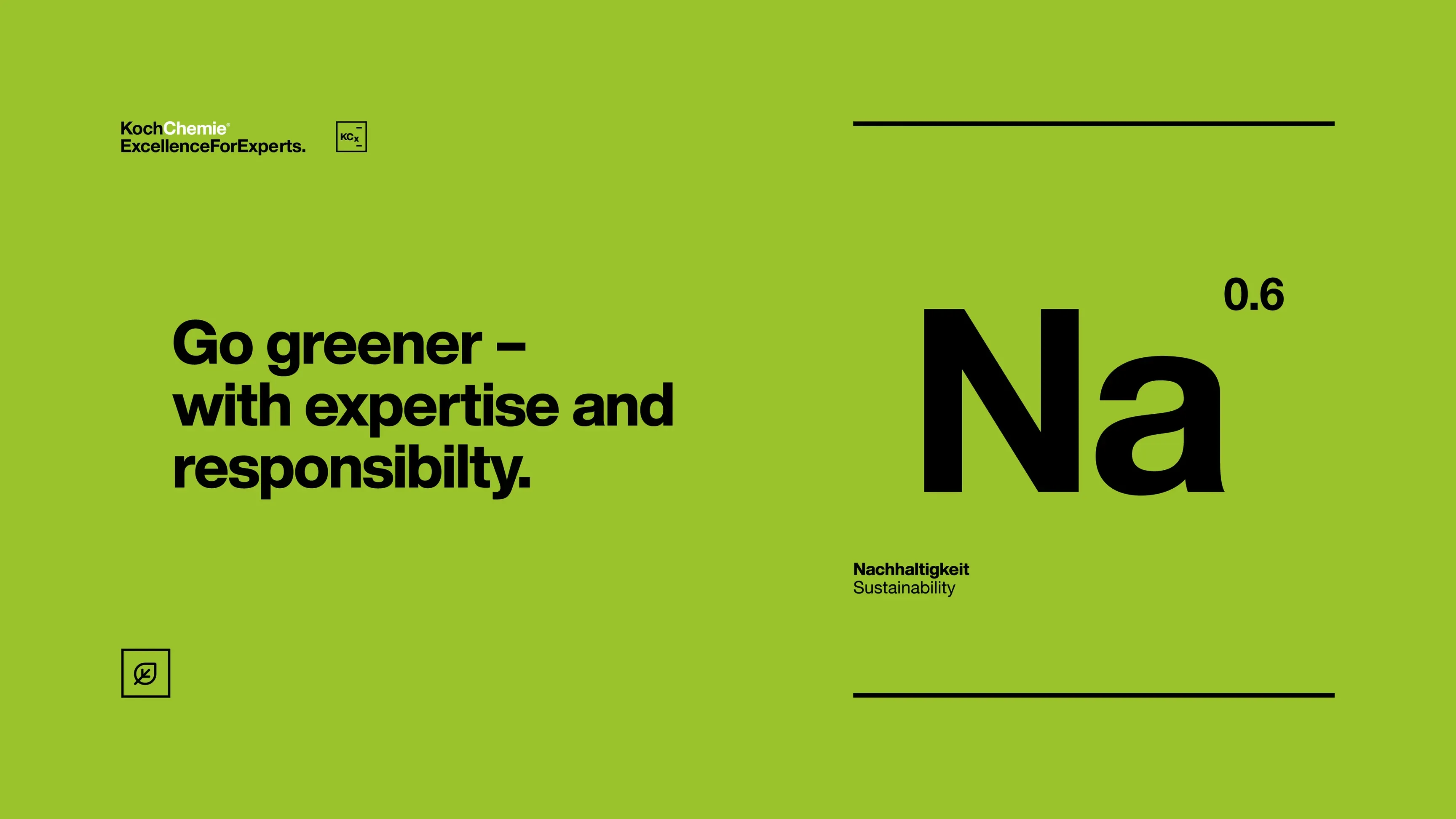 Grüne Grafik mit Koch‑Chemie Branding, Slogan „Go greener – with expertise and responsibility“, großem „Na 0.6“ und Hinweis „Nachhaltigkeit/Sustainability“