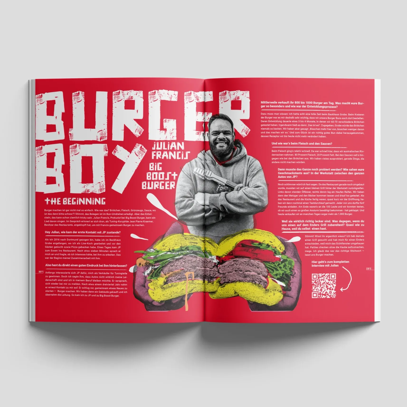 Aufgeschlagenes Magazin mit roter Doppelseite, Titel „BURGER BOY“, Porträt eines Mannes und großer Burger-Illustration