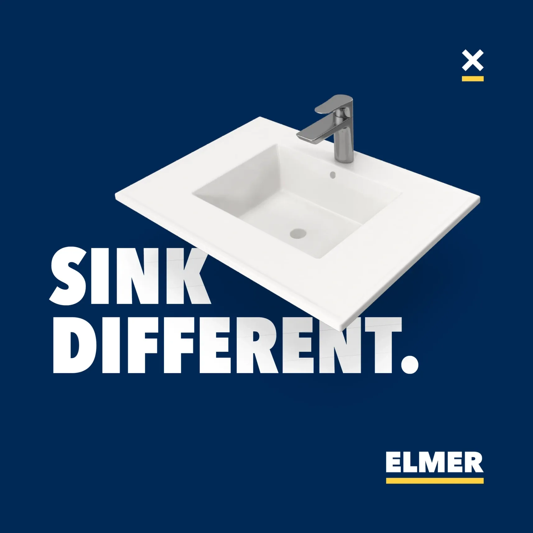 Werbegrafik eines weißen rechteckigen Waschbeckens mit Armatur auf dunkelblau, Text SINK DIFFERENT, Marke ELMER