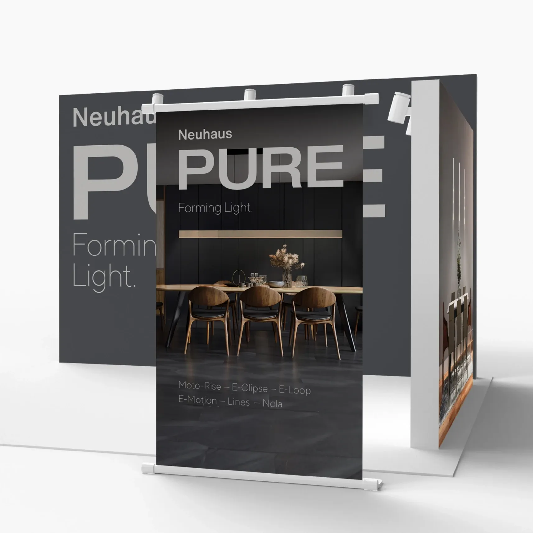Messe-Display mit „Neuhaus PURE – Forming Light“ und Foto eines modernen Essbereichs mit Pendelleuchten