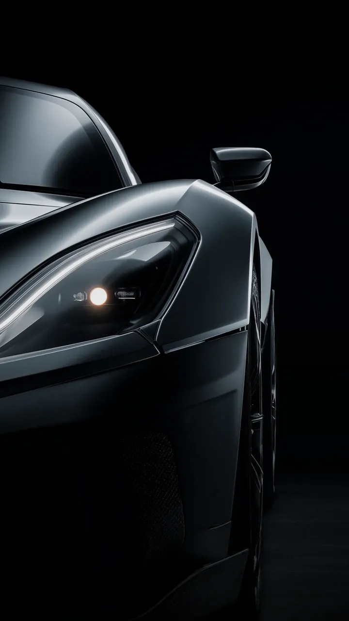 Nahaufnahme der linken Front eines schwarzen Sportwagens mit leuchtendem Scheinwerfer im Dunkeln