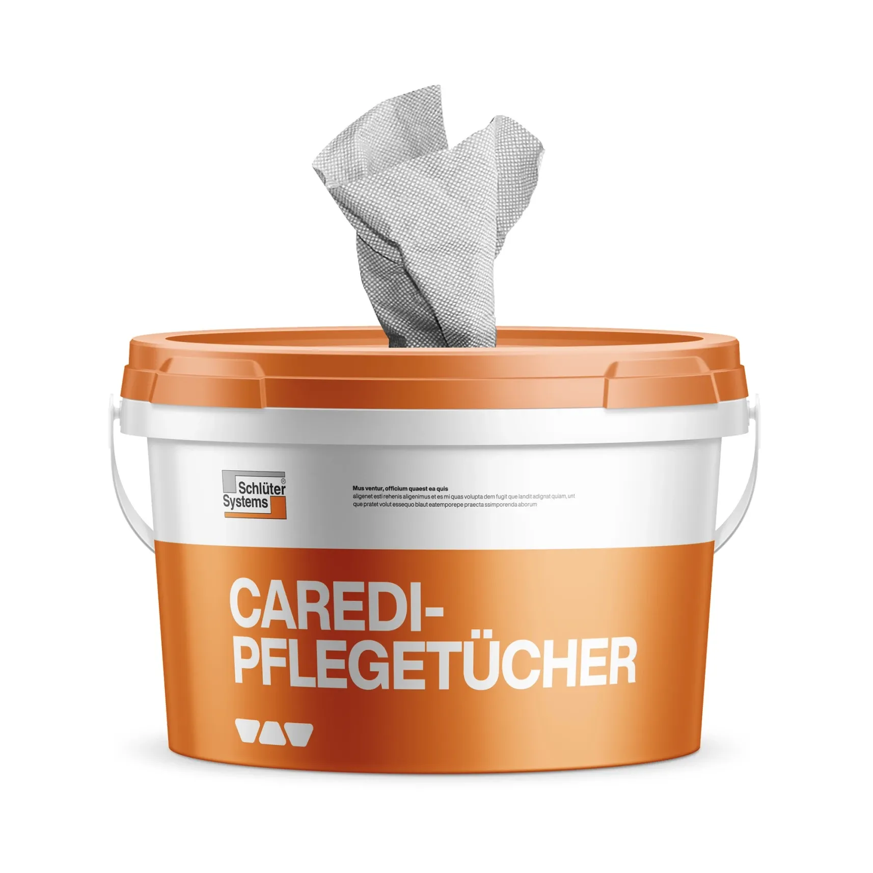 Orange-weißer Eimer mit Pflegetüchern, Aufdruck „CAREDI-PFLEGETÜCHER“