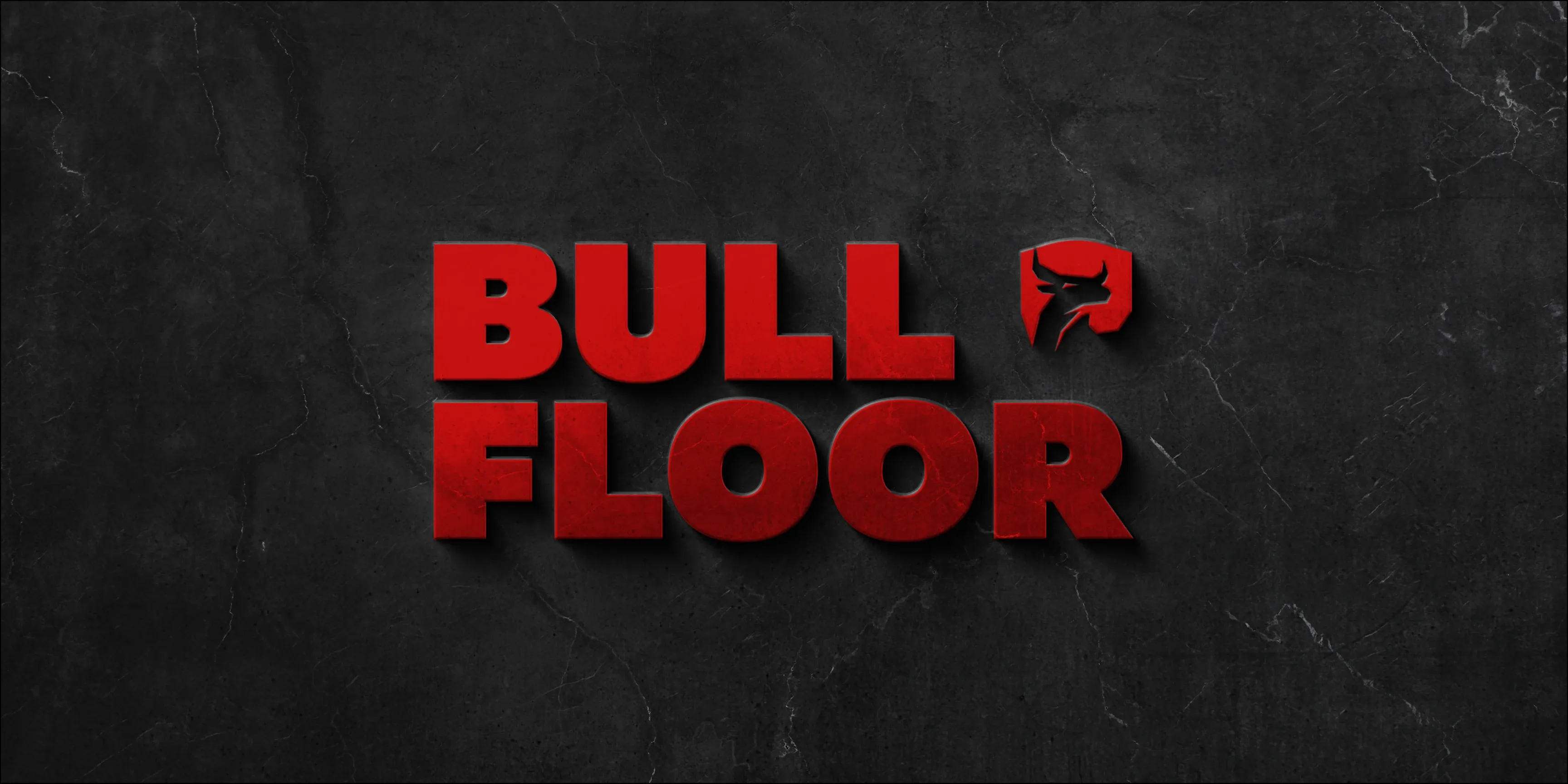 Roter 3D-Schriftzug BULL FLOOR mit Bullenkopf-Symbol auf dunklem Stein-Hintergrund
