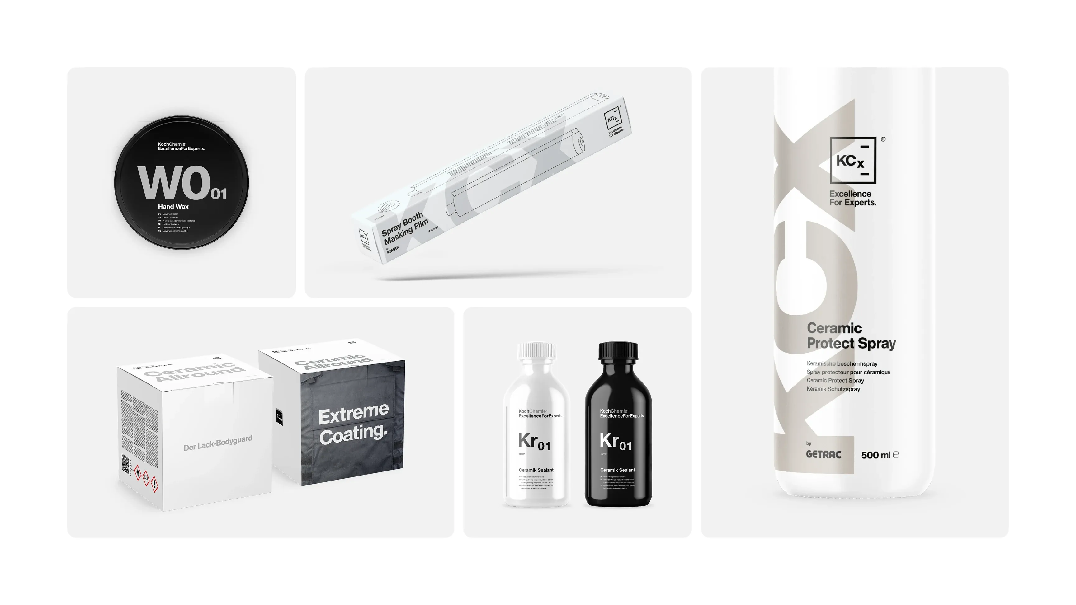 Weiße Produktverpackungen für Autolackschutz: Ceramic Protect Spray (500 ml), Extreme Coating, zwei kleine Flaschen und eine runde Dose