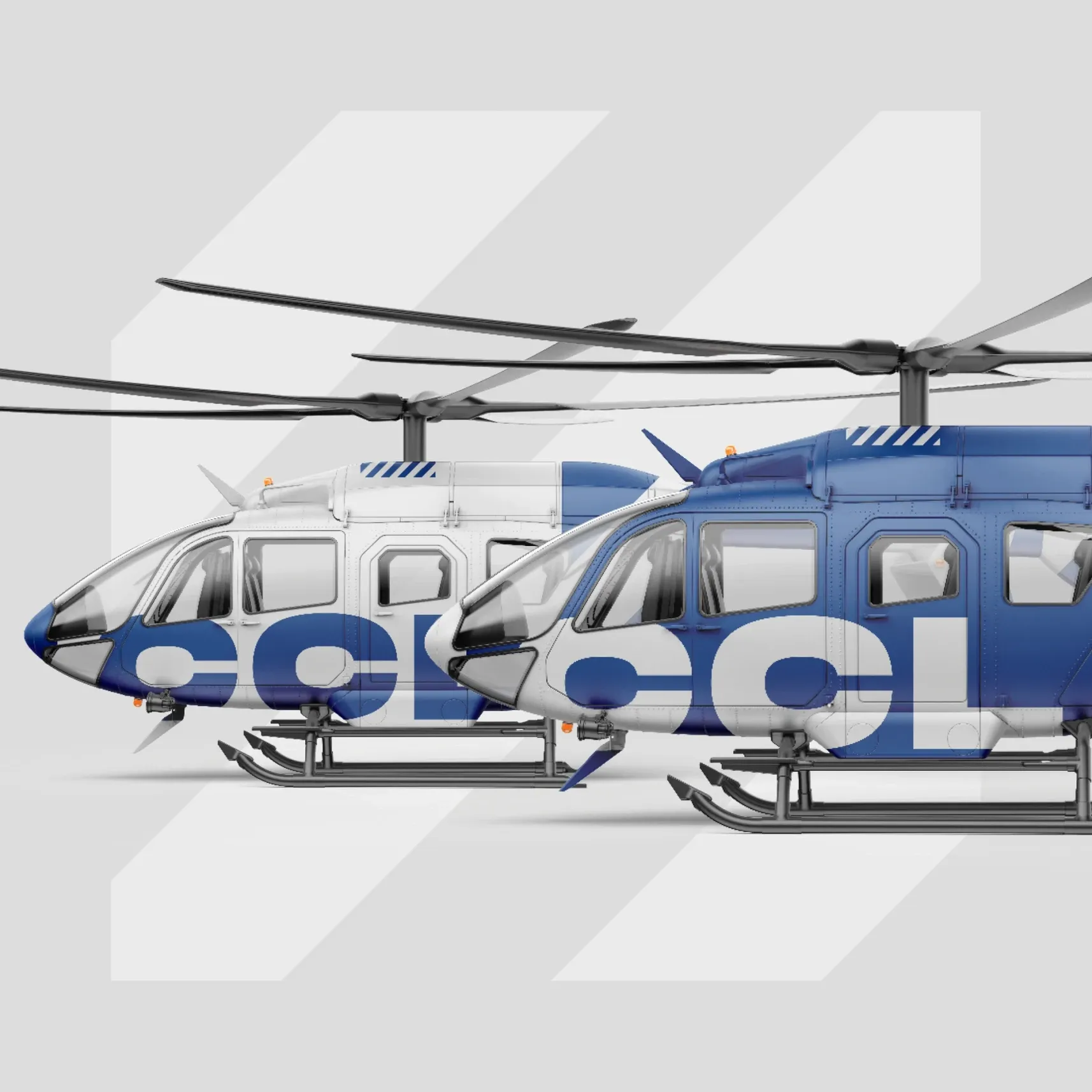Zwei moderne Hubschrauber in Blau und Weiß nebeneinander, Seitenansicht, auf grauem Hintergrund